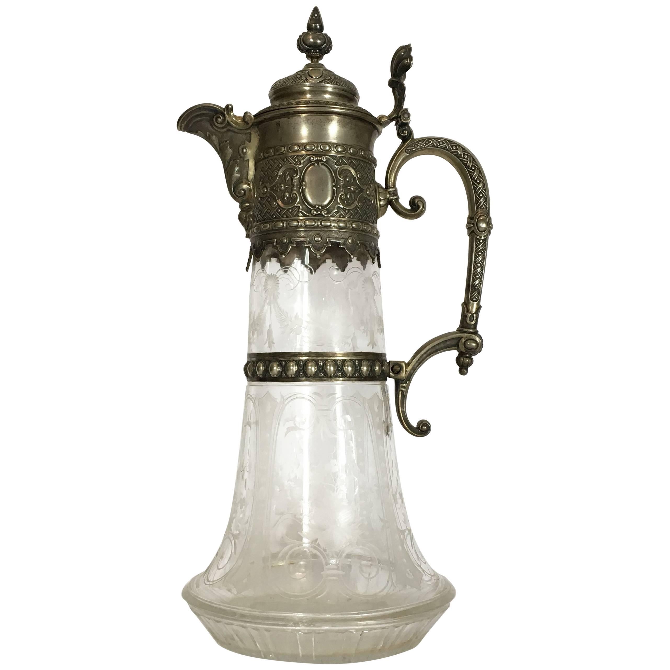Italian Late 19th Century Engraved Glass Decanter or Carafe with Mountings For Sale
