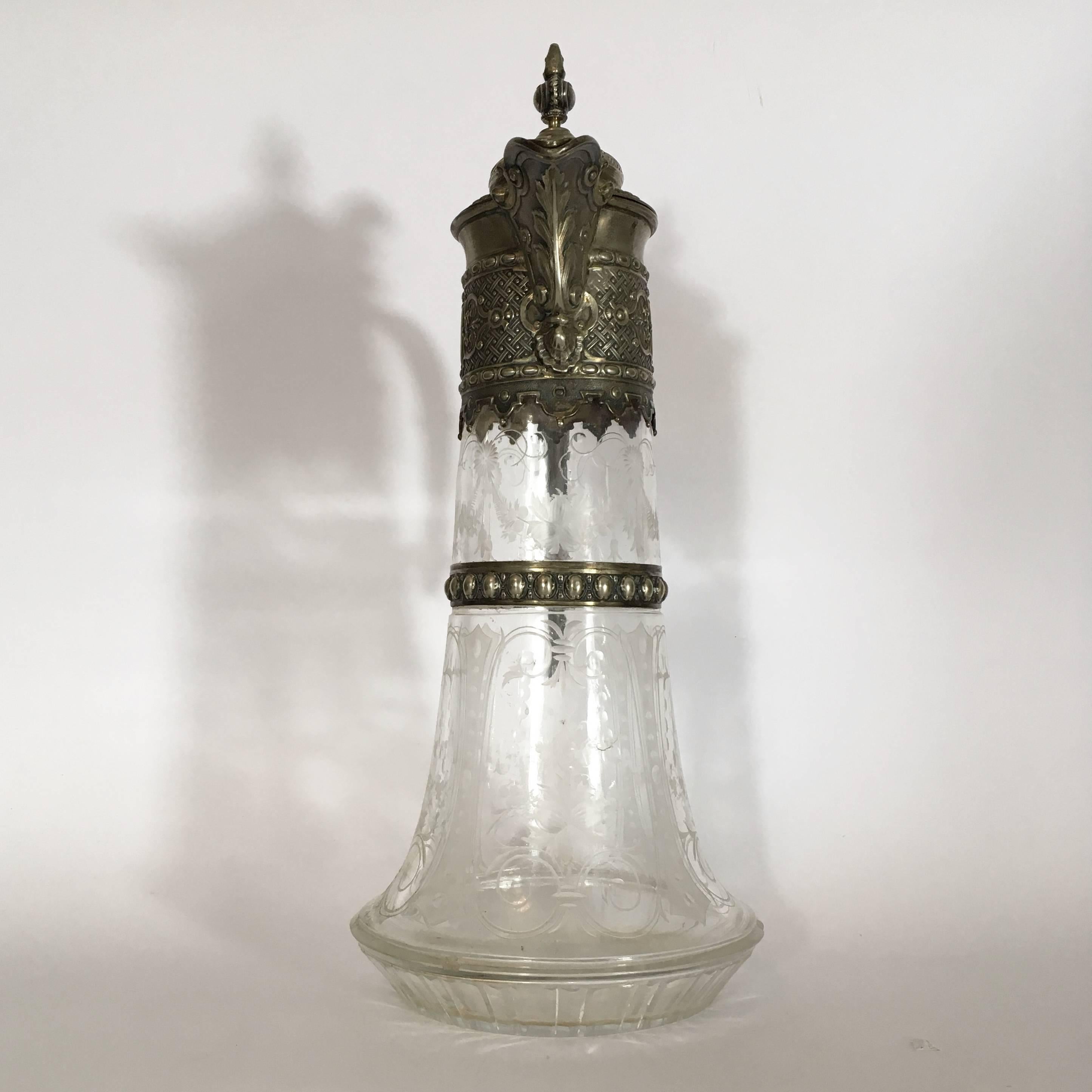 Art Nouveau Italian Late 19th Century Engraved Glass Decanter or Carafe with Mountings For Sale