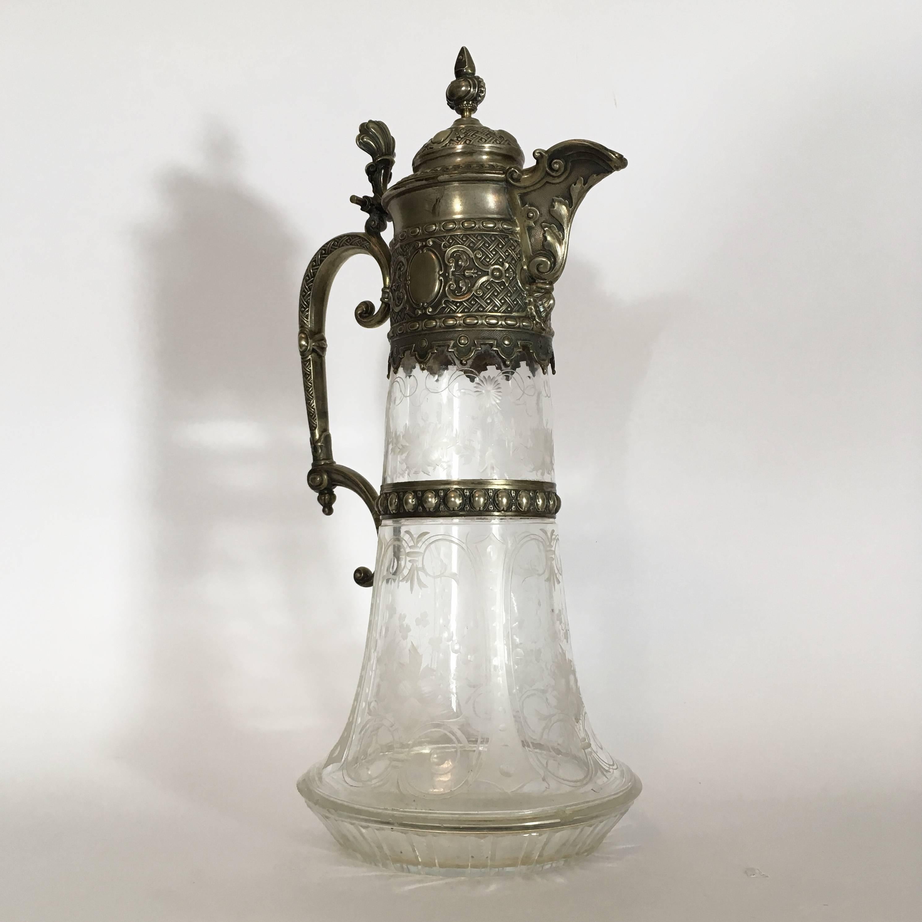 Silvered Italian Late 19th Century Engraved Glass Decanter or Carafe with Mountings For Sale