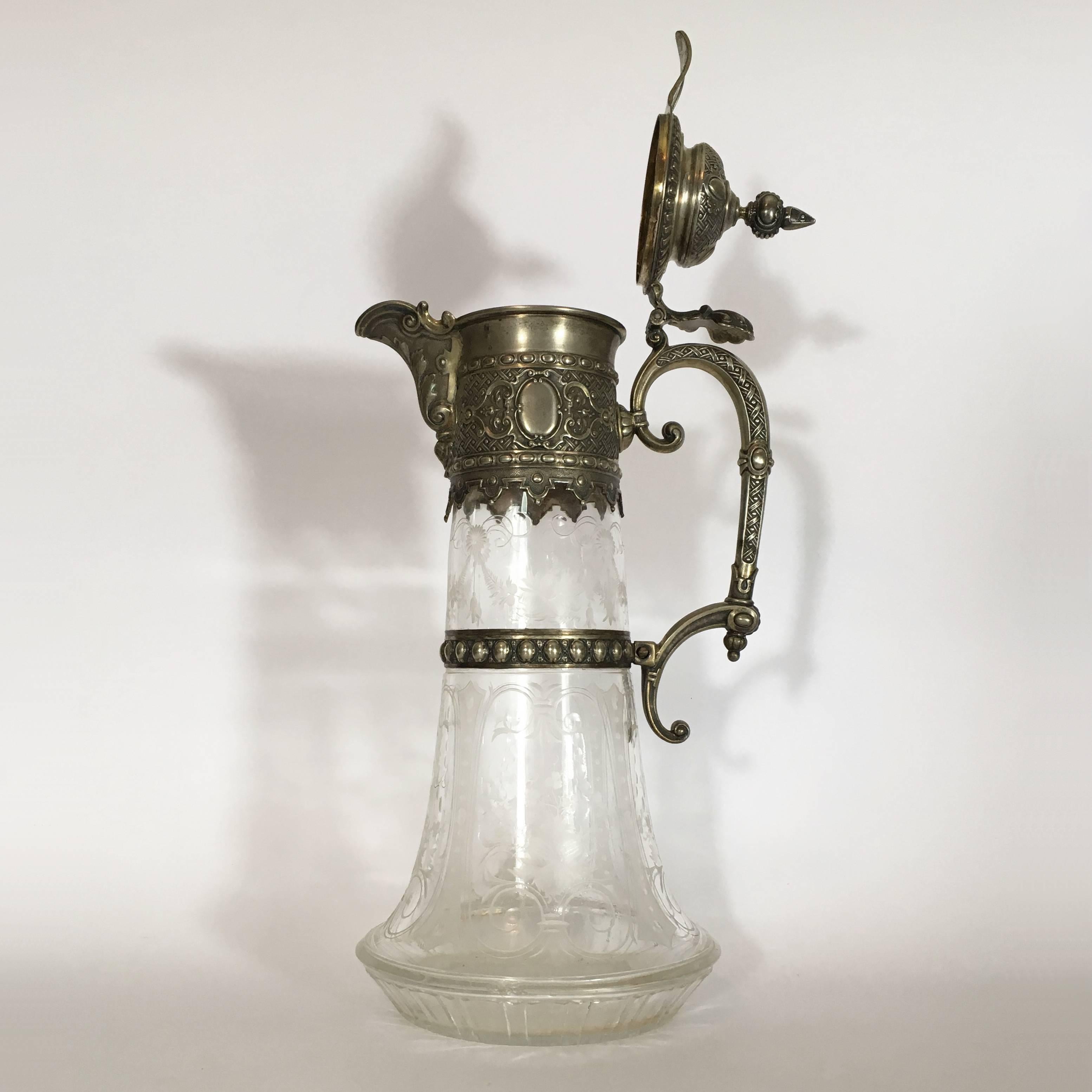 Italian Late 19th Century Engraved Glass Decanter or Carafe with Mountings In Good Condition For Sale In Firenze, IT