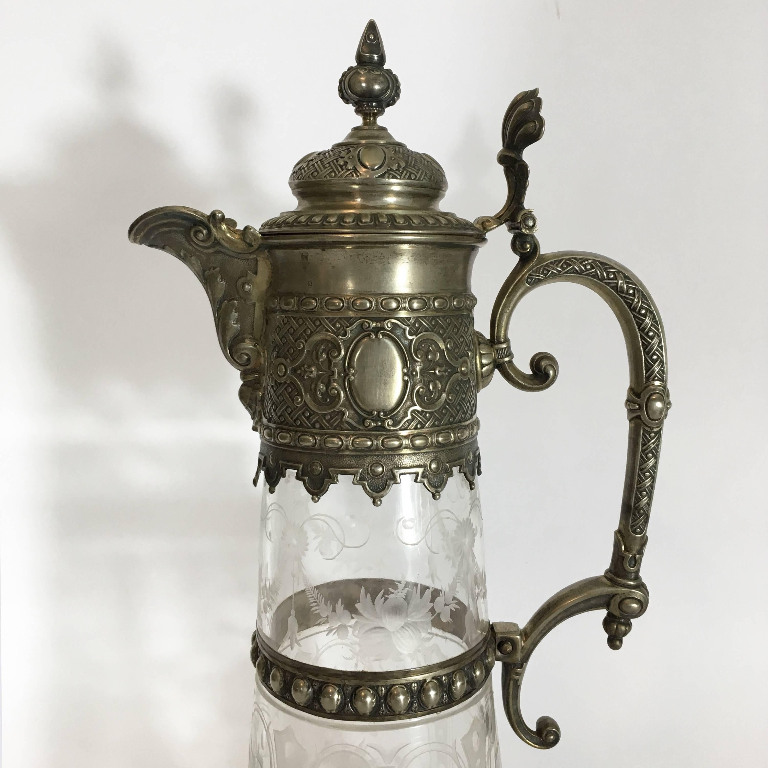 Metal Italian Late 19th Century Engraved Glass Decanter or Carafe with Mountings For Sale