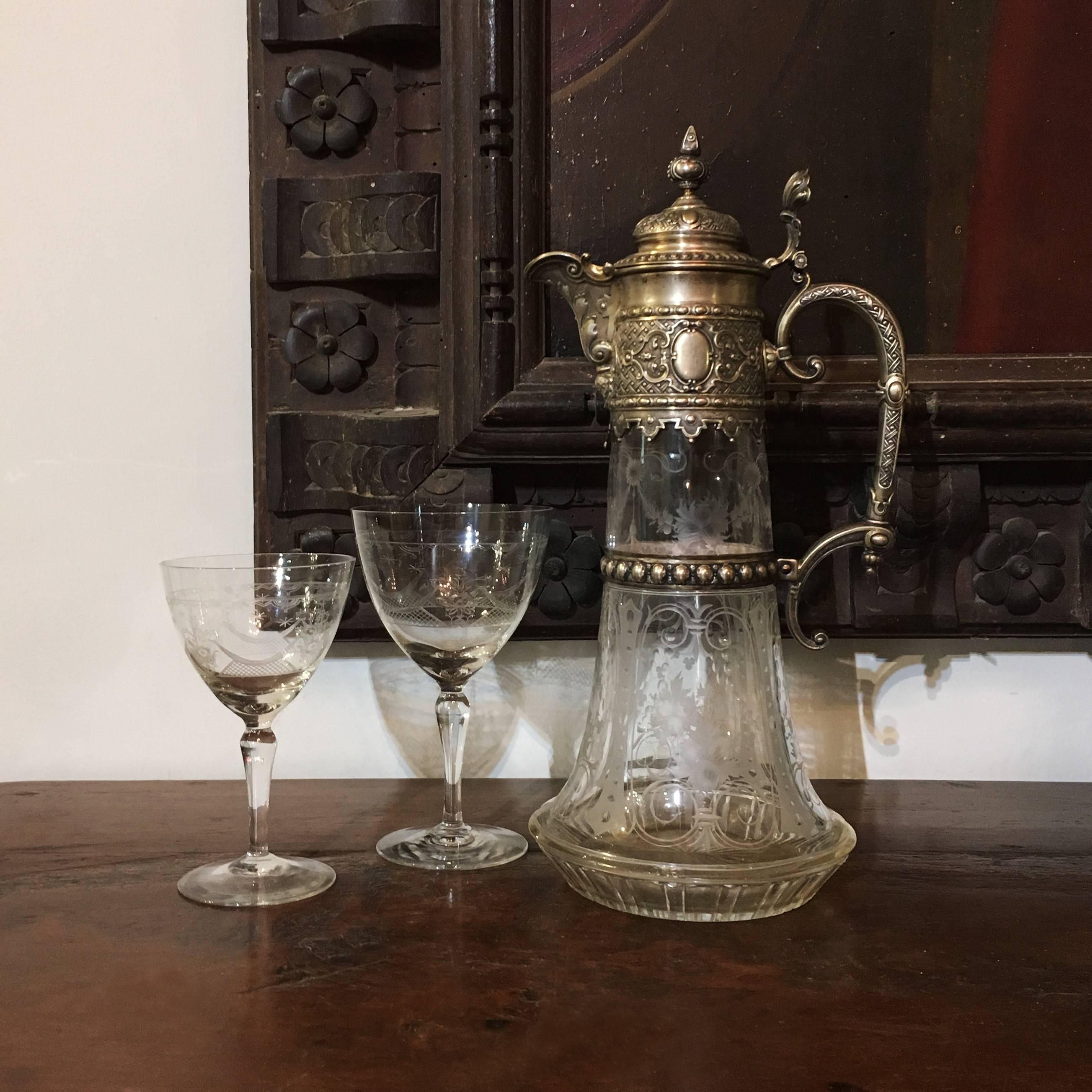 Italian Late 19th Century Engraved Glass Decanter or Carafe with Mountings For Sale 4