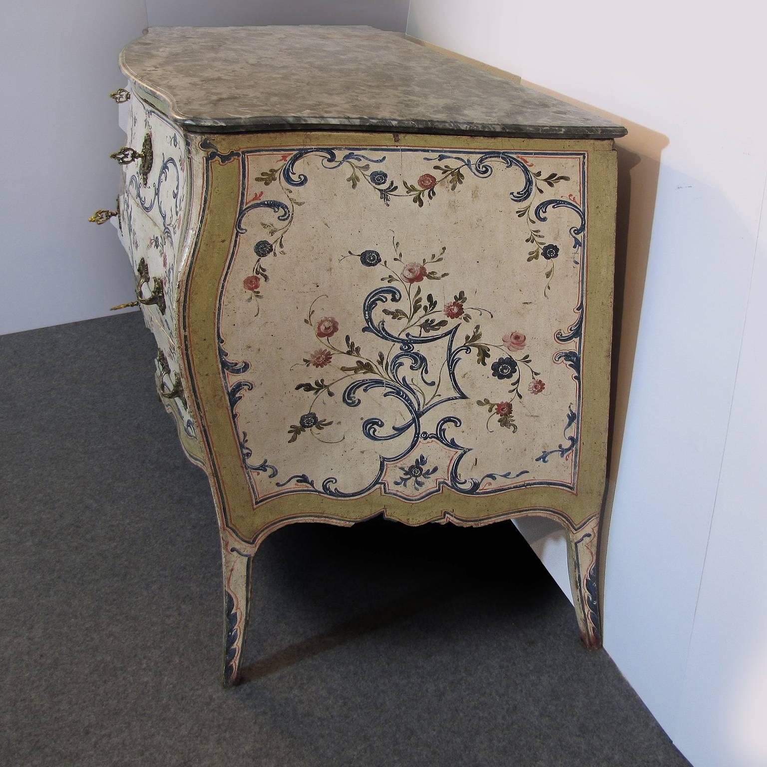 Italian Mid-18th Century Genoese Painted Louis XV Chest of Drawers with Marble Top