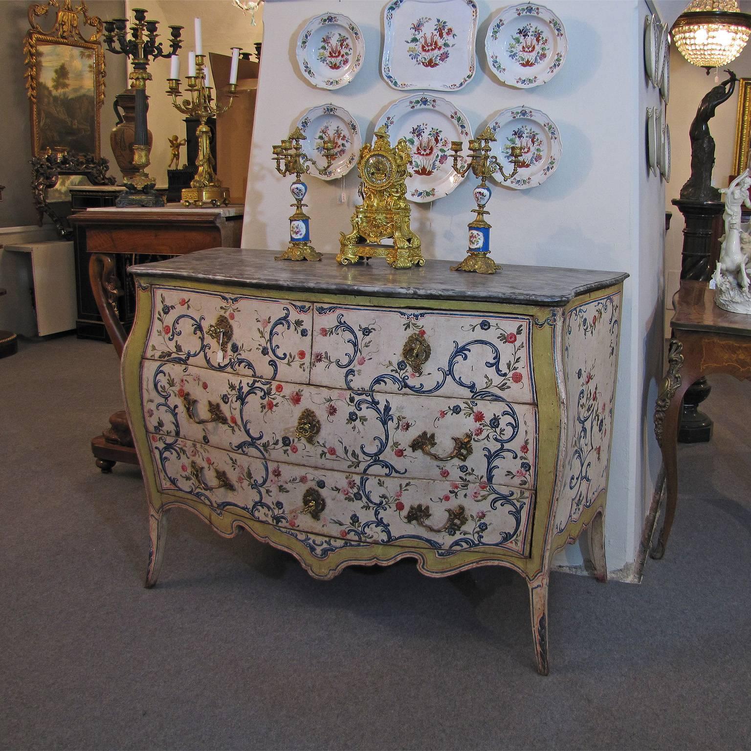 Mid-18th Century Genoese Painted Louis XV Chest of Drawers with Marble Top 4