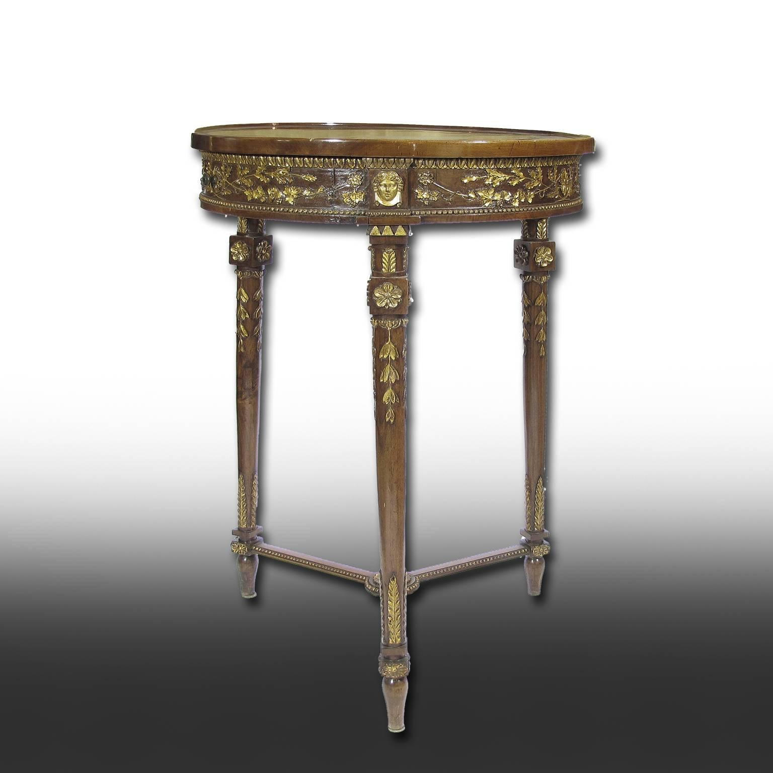 Italian Mid-19th Century Solid Walnut Louis XVI Carved and Leaf Gilded Table