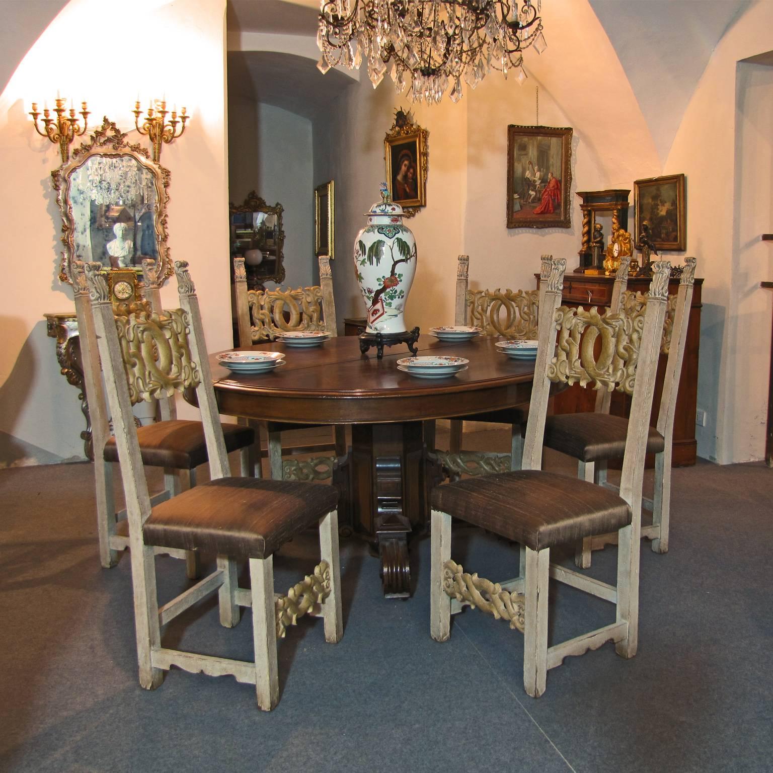 Set of Six 17th Century Italian Carved and Painted Solid Walnut Wood Chairs 4