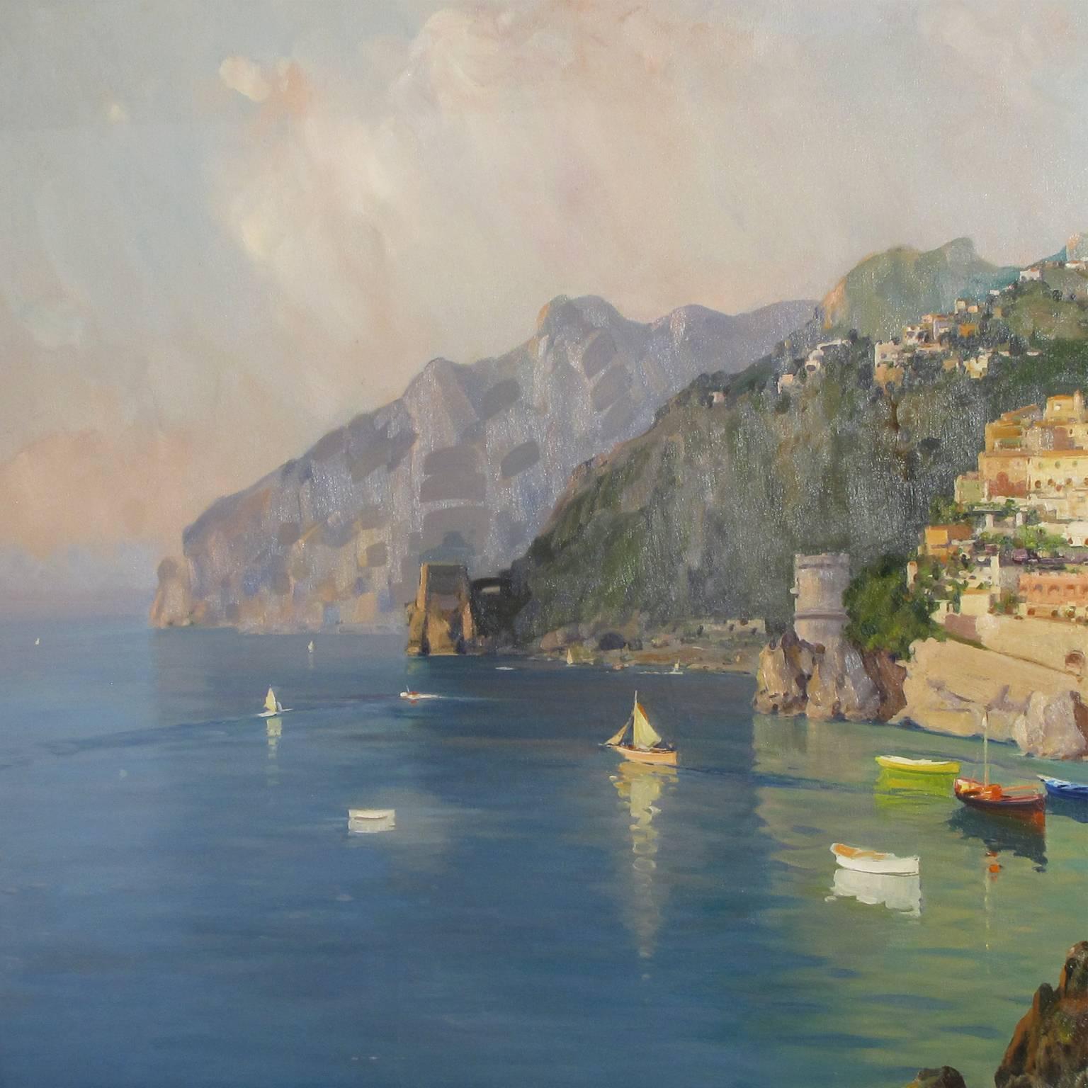 Guglielmo Pizzirani (Bologna, 1886–1971).
“Landscape depicting Positano, a village on the Amalfi Coast,”
Italy, 1919.
Oil on canvas. 
Coeval gilt wooden frame.
Signed and dated on the bottom right “G. Pizzirani ‘19.”
A pittoresque landscape of