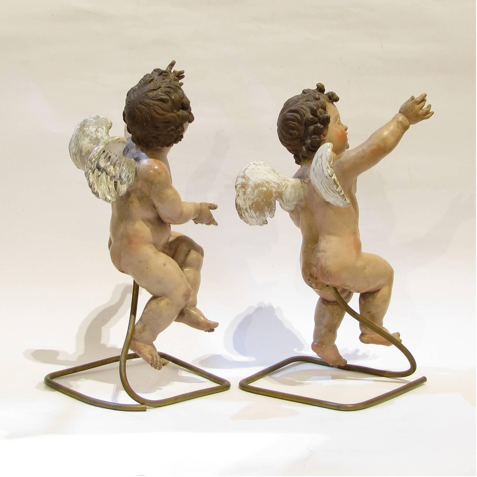 Italian Two Early 18th Century Neapolitan Polychrome Terracotta Angels