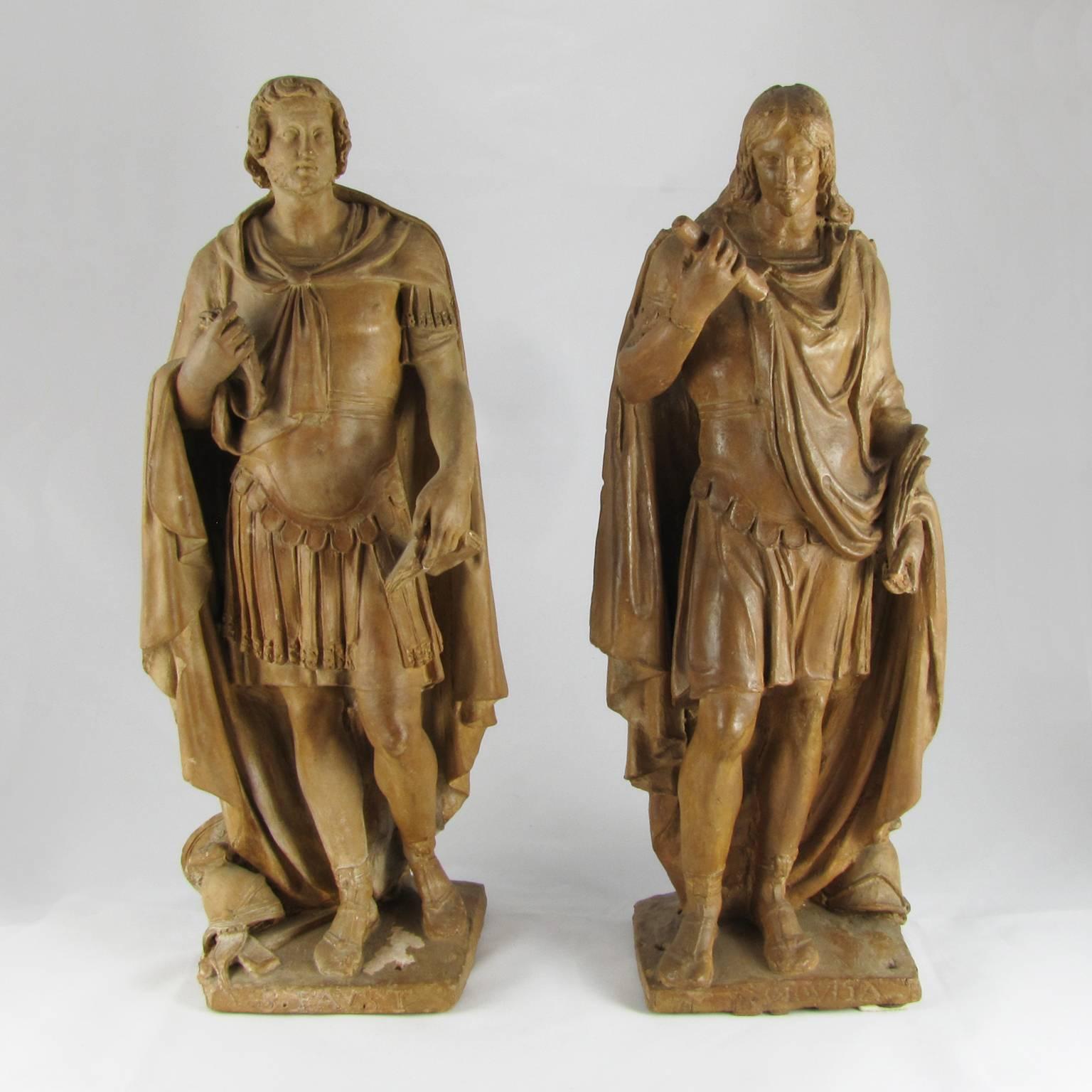 A beautiful pair of terracotta sculptures depicting the two saints Faustinus and Jovita, Christian martyrs under Hadrian. They are patron saints of Brescia, Lombardy.
Italian manufactory from the early 18th century
Unglazed terracotta with a