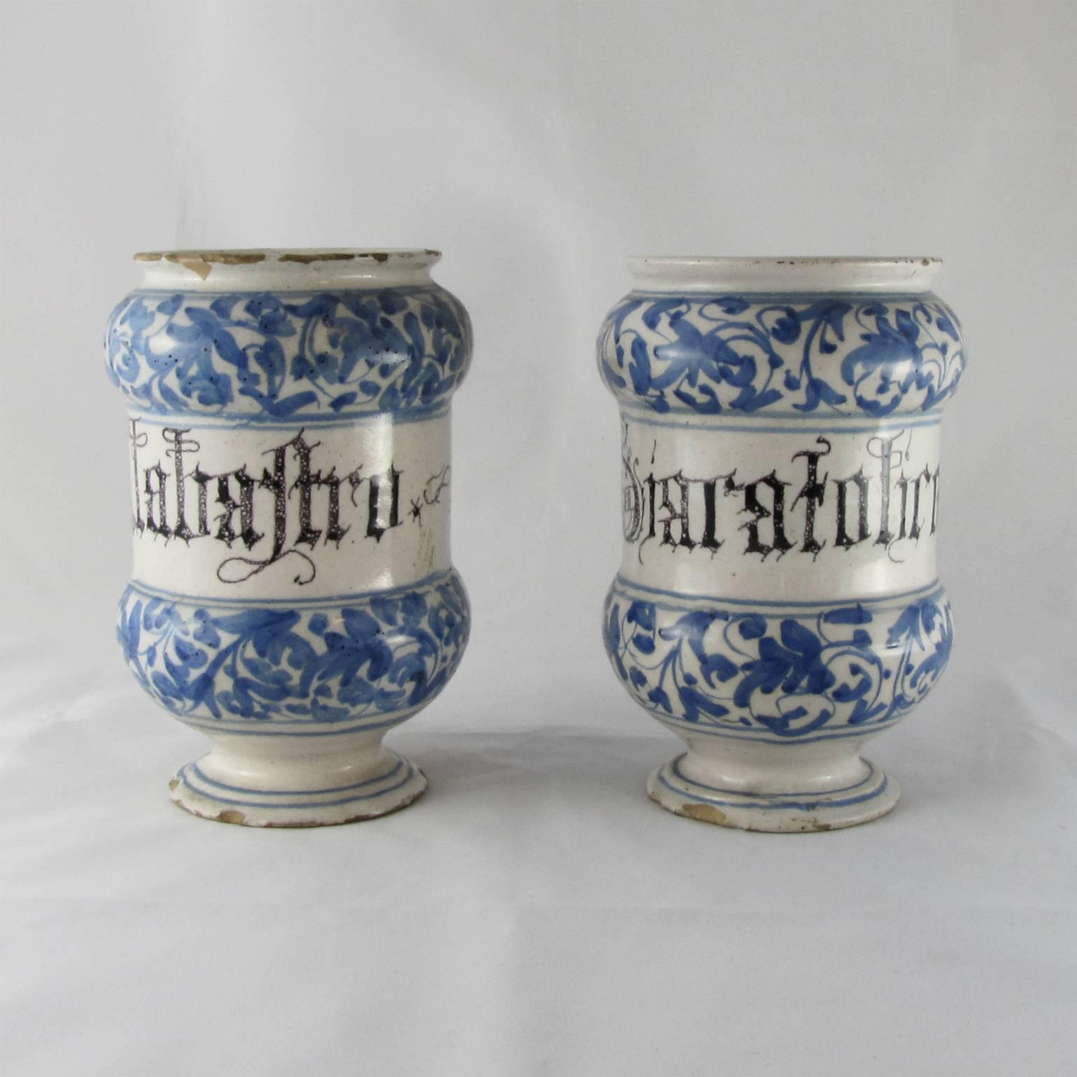 Hand-Painted Two Italian Mid-18th Century Albarelli or Maiolica Earthenware Jars