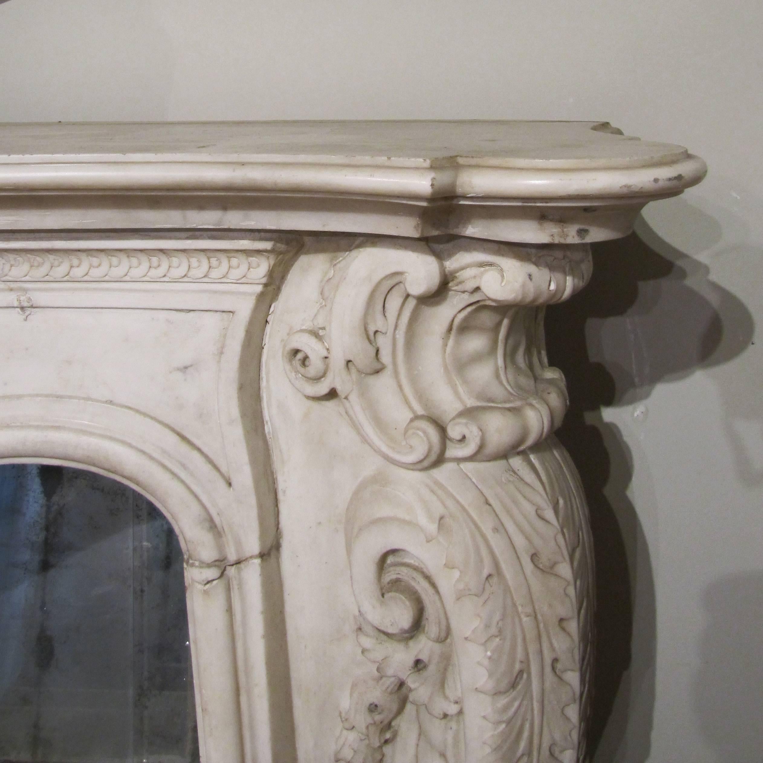 Italian 19th Century White Carrara Marble Louis XV Fireplace 4