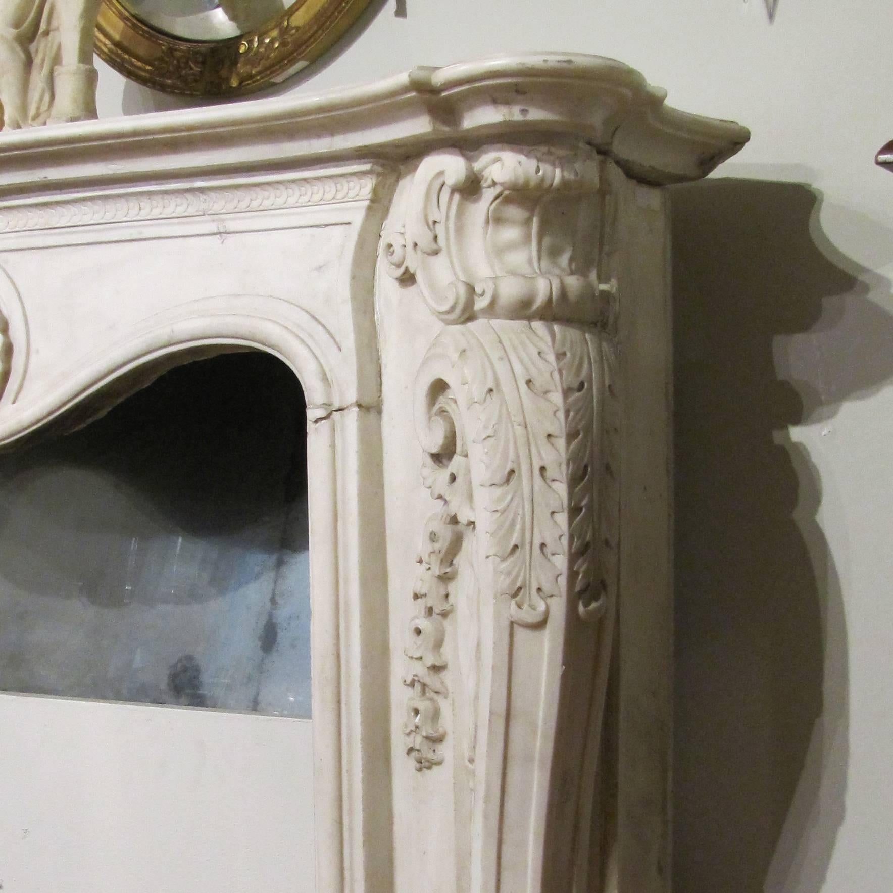 Italian 19th Century White Carrara Marble Louis XV Fireplace 6