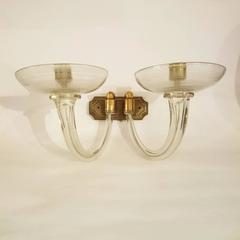 Two Italian Mid-Century Two-Arm Blown Glass and Brass Wall Sconces