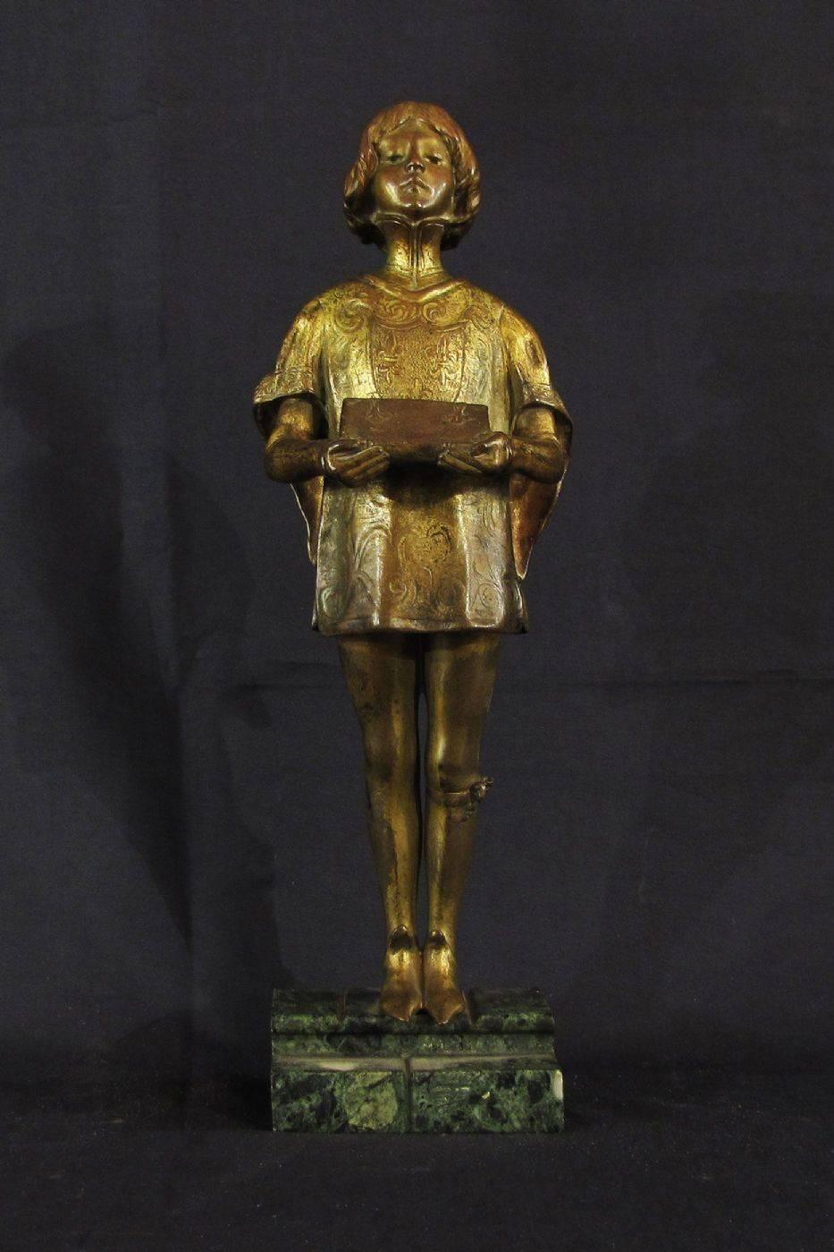 Ferdinand Marie Leon Delagrange (Orleans, 1872-Croix d'Hins, 1910)
'The Page'
Gilded bronze sculpture, lost wax casting
Base in green marble
Signature of the sculpture and stamp on the back
France, first years of the 20th century.