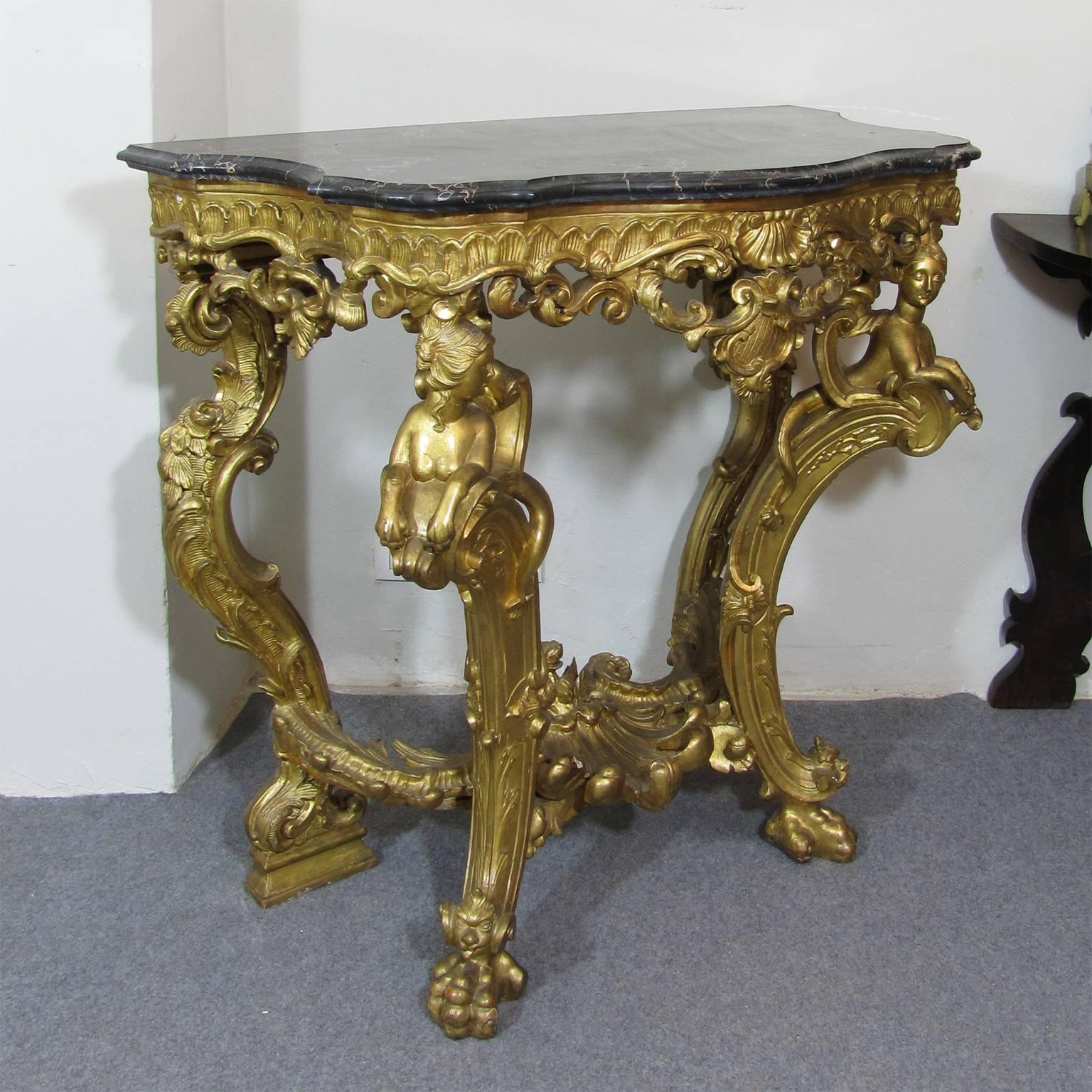 Italian Mid-18th Century Louis XV Giltwood Console or Side Table with Marble Top In Good Condition In Firenze, IT