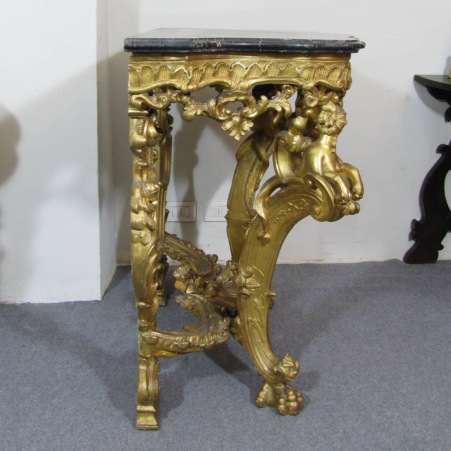 Italian Mid-18th Century Louis XV Giltwood Console or Side Table with Marble Top 1