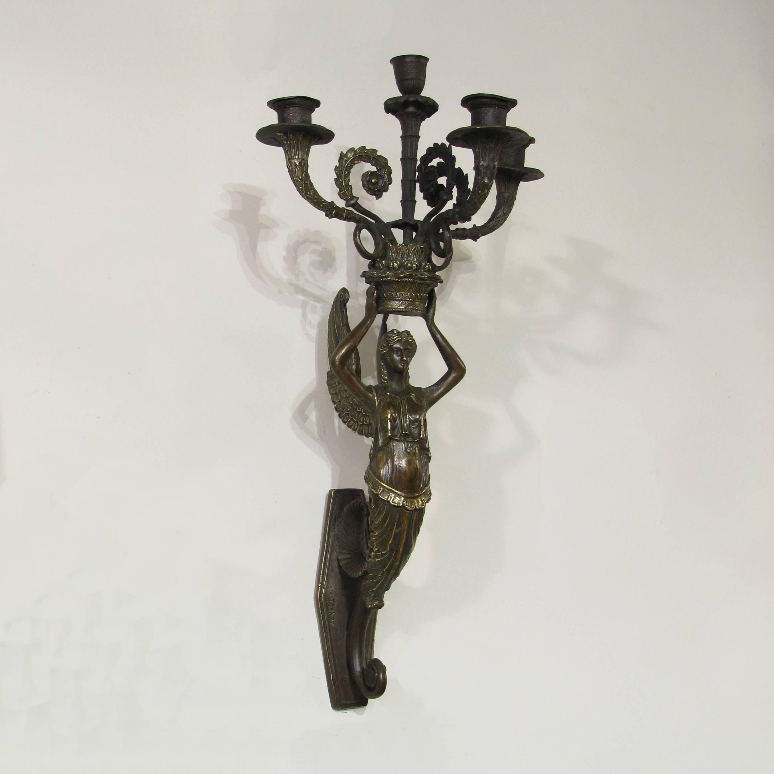 Set of Four English Late 19th Century Three-Light Patinated Bronze Sconces 1