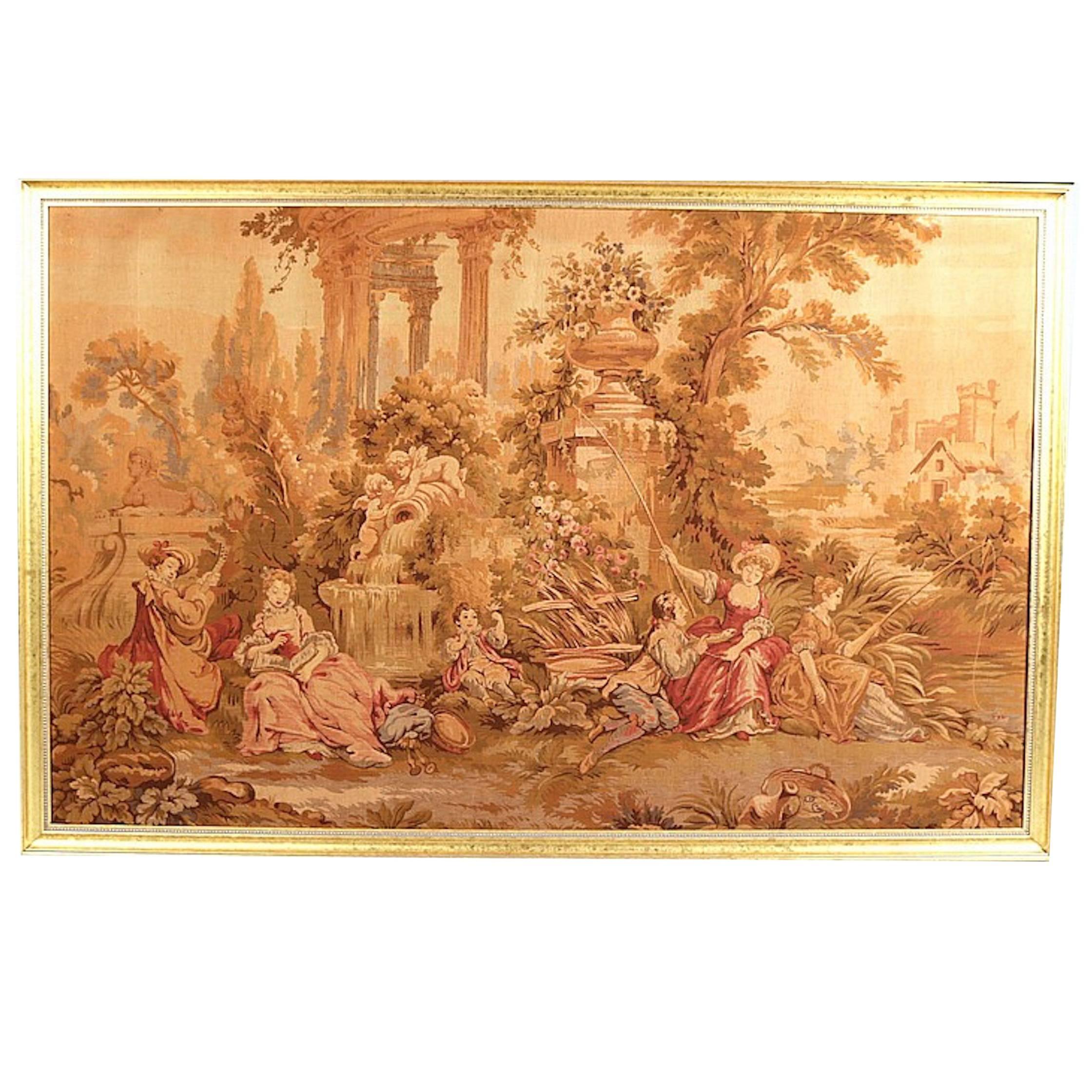 19th Century French Tapestry Garden Scene with Courting Couple For Sale