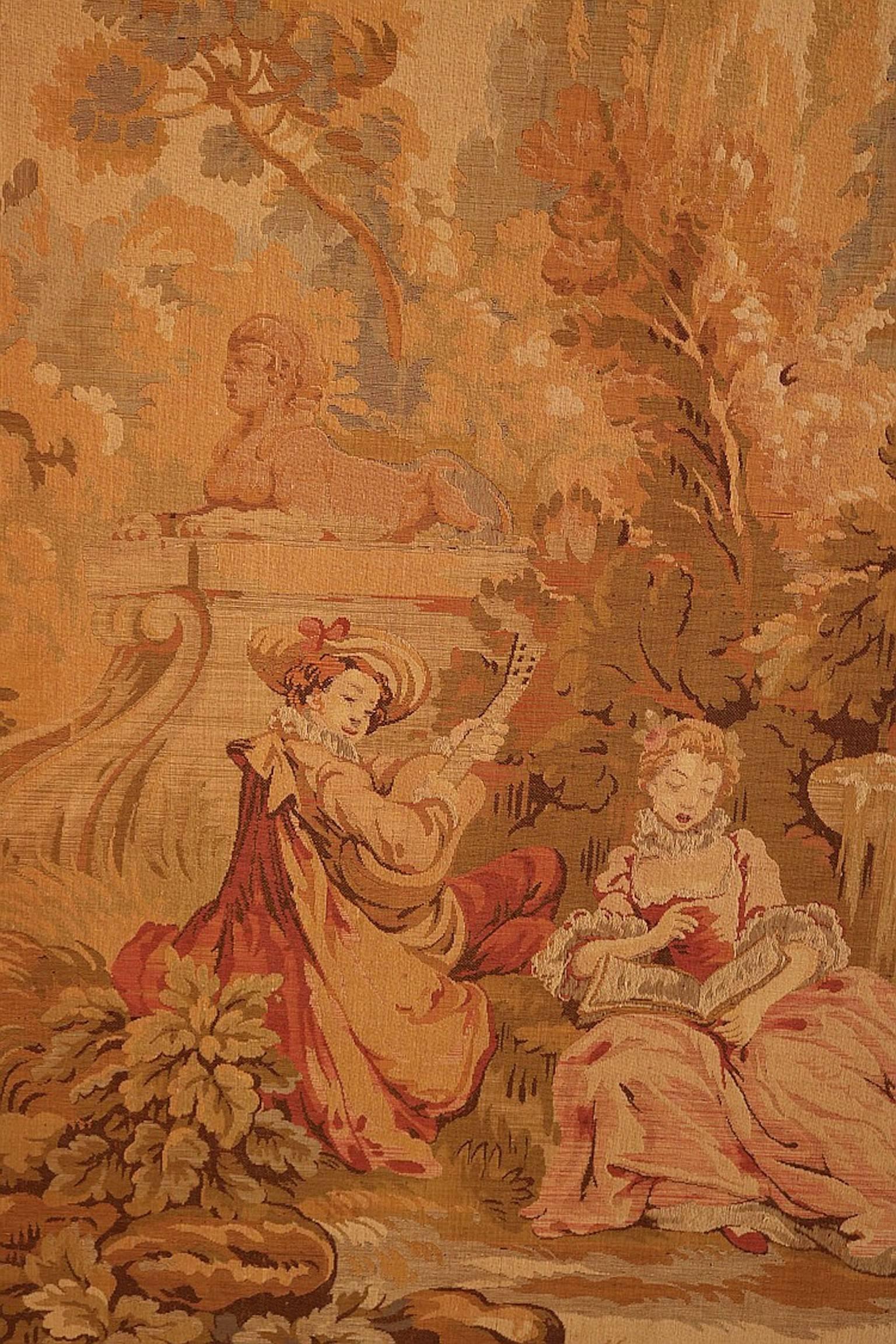 19th century large French tapestry garden scene with courting couple.
Mounted on board. measures: 4' H x 6'4