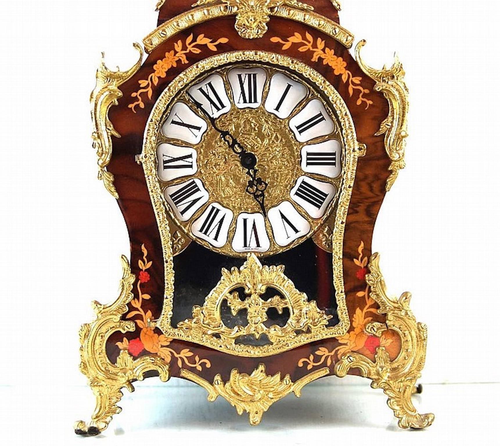 Fine French Gilt Bronze and Inlaid Clock with Enameled Numbers In Good Condition In Washington Crossing, PA