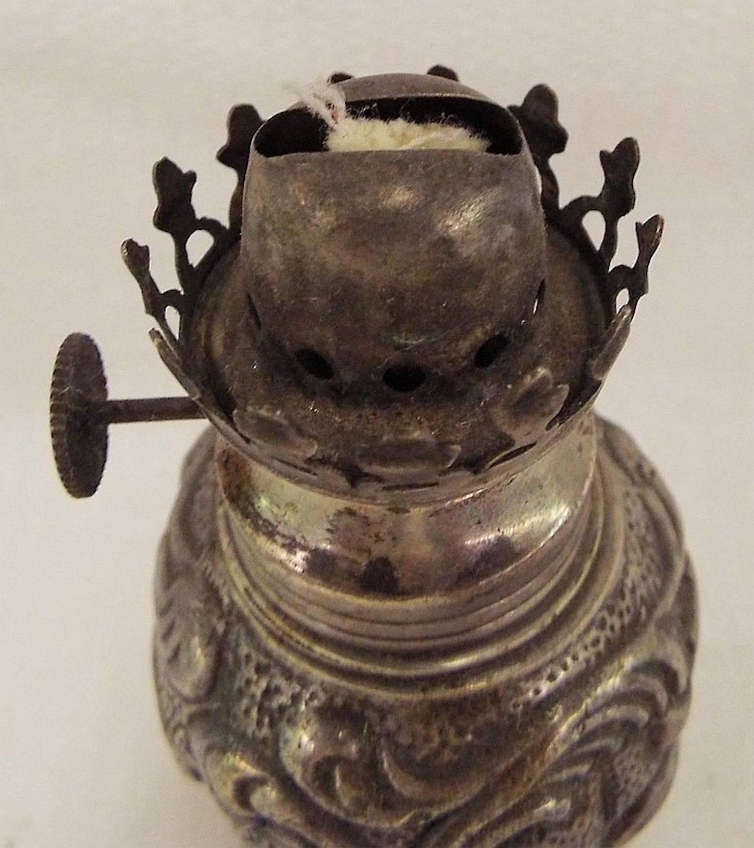 Sterling Silver Miniature 19th Century Oil Lamp with Metal Base In Good Condition For Sale In Washington Crossing, PA
