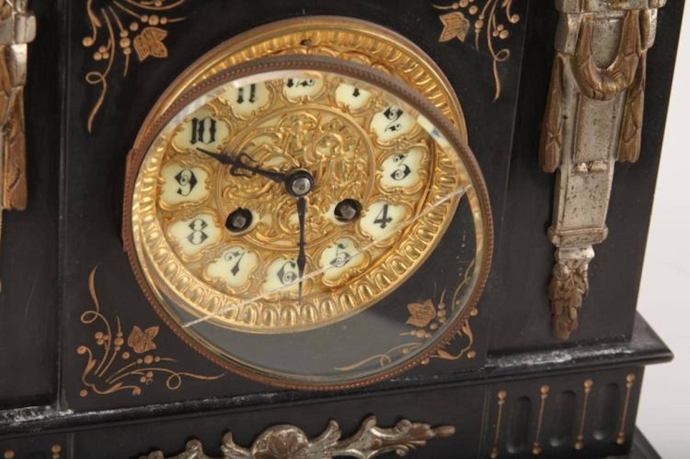 Bronze Late 19th Century Black Slate Mantle Clock by Ansonia