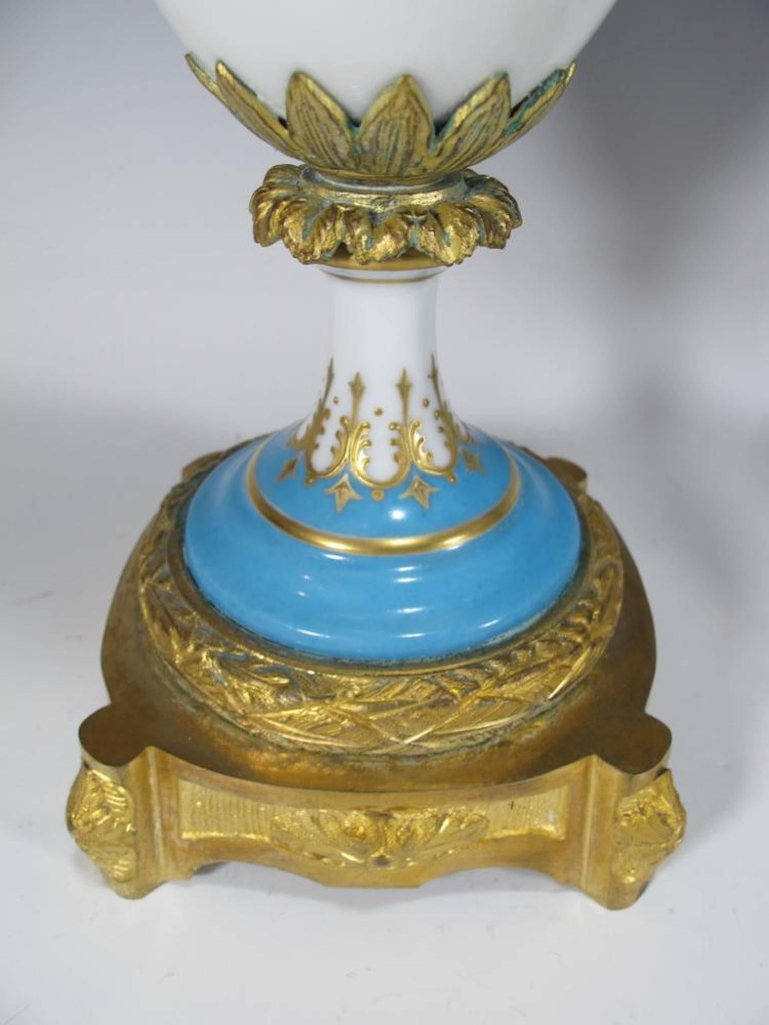 Gilt Antique French Sevres Pair of Bronze and Porcelain Urns