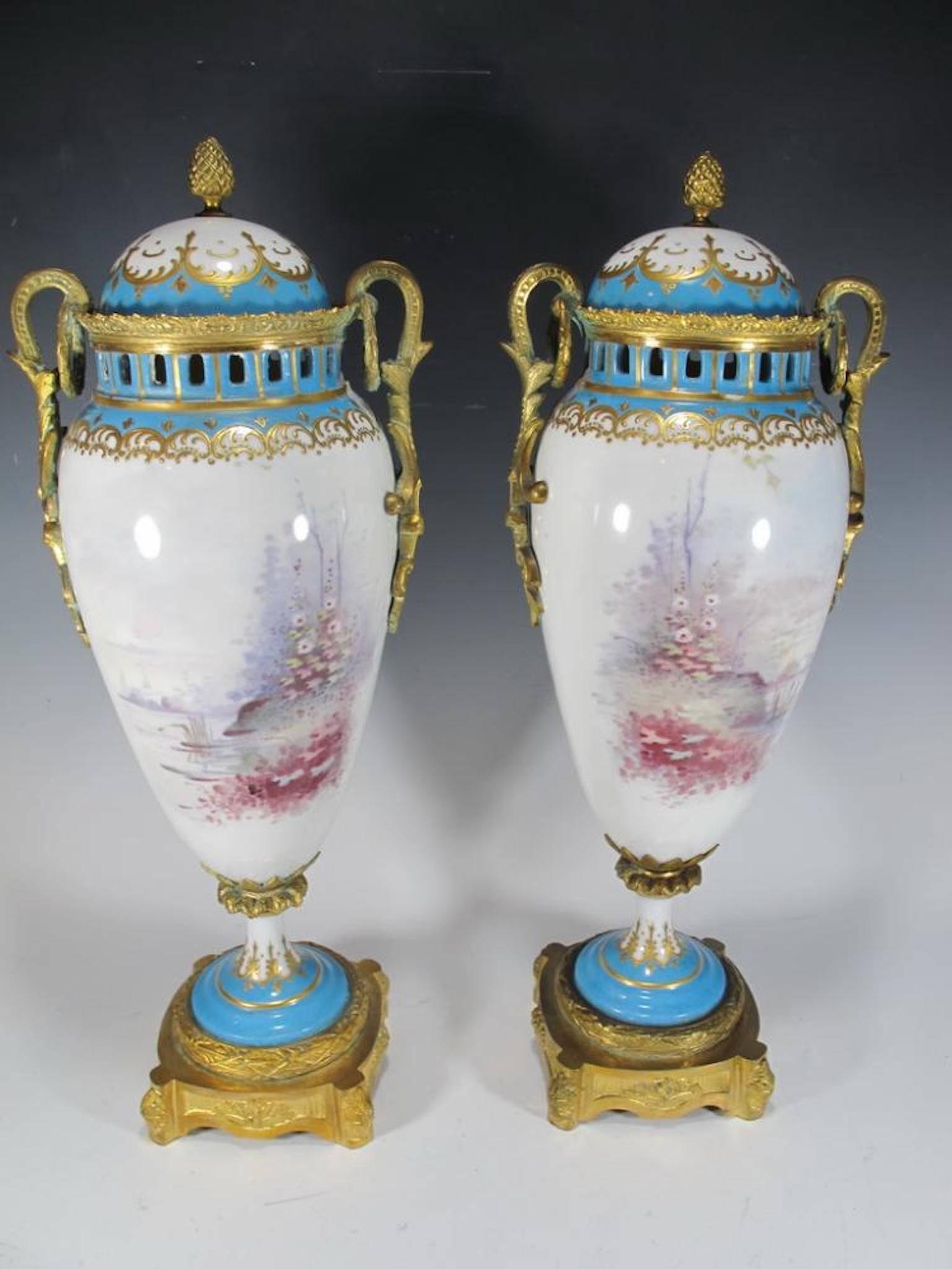 19th Century Antique French Sevres Pair of Bronze and Porcelain Urns