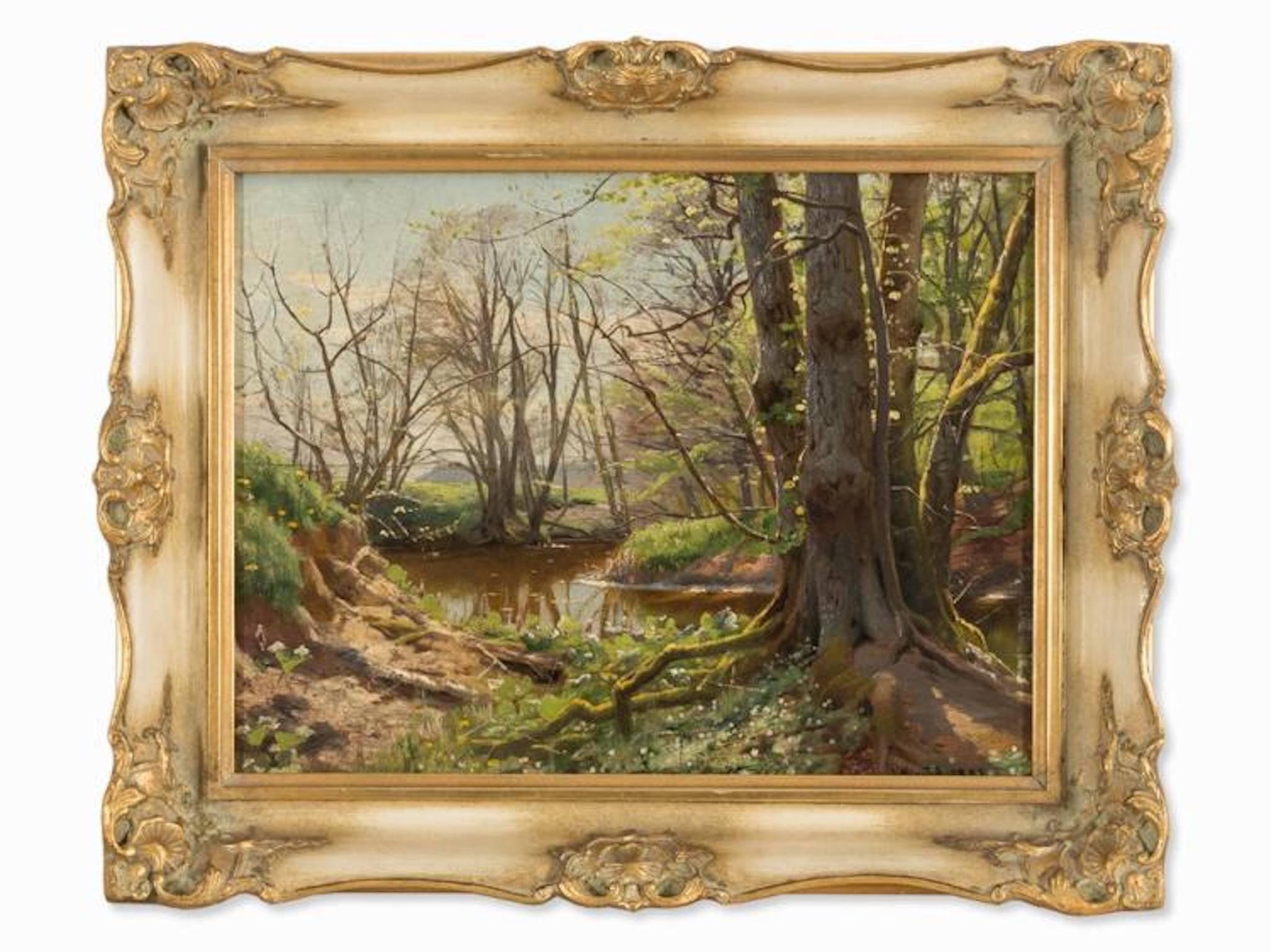Oil on cradled panel
Peder Mørk Mønsted (1859-1941)  Danish landscape painter
Signed and dated at the lower right P. Mönsted. 1899.
Dimensions: 27 x 35 cm.
Frame: 36 x 44 cm.
Provenance: Private property, Hamburg.
The painting is in good