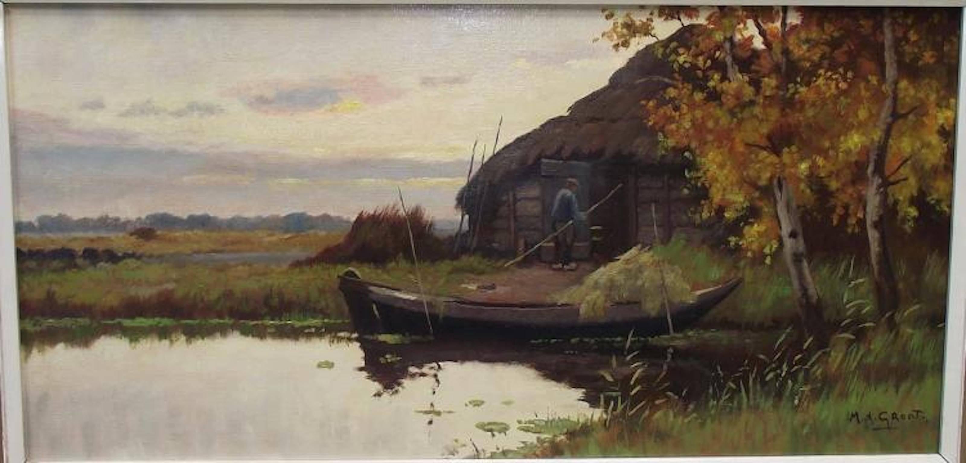 Waterscape with boat, building and fisherman by Maurits de Groot (Netherlands, 1880-1934). Oil on canvas.