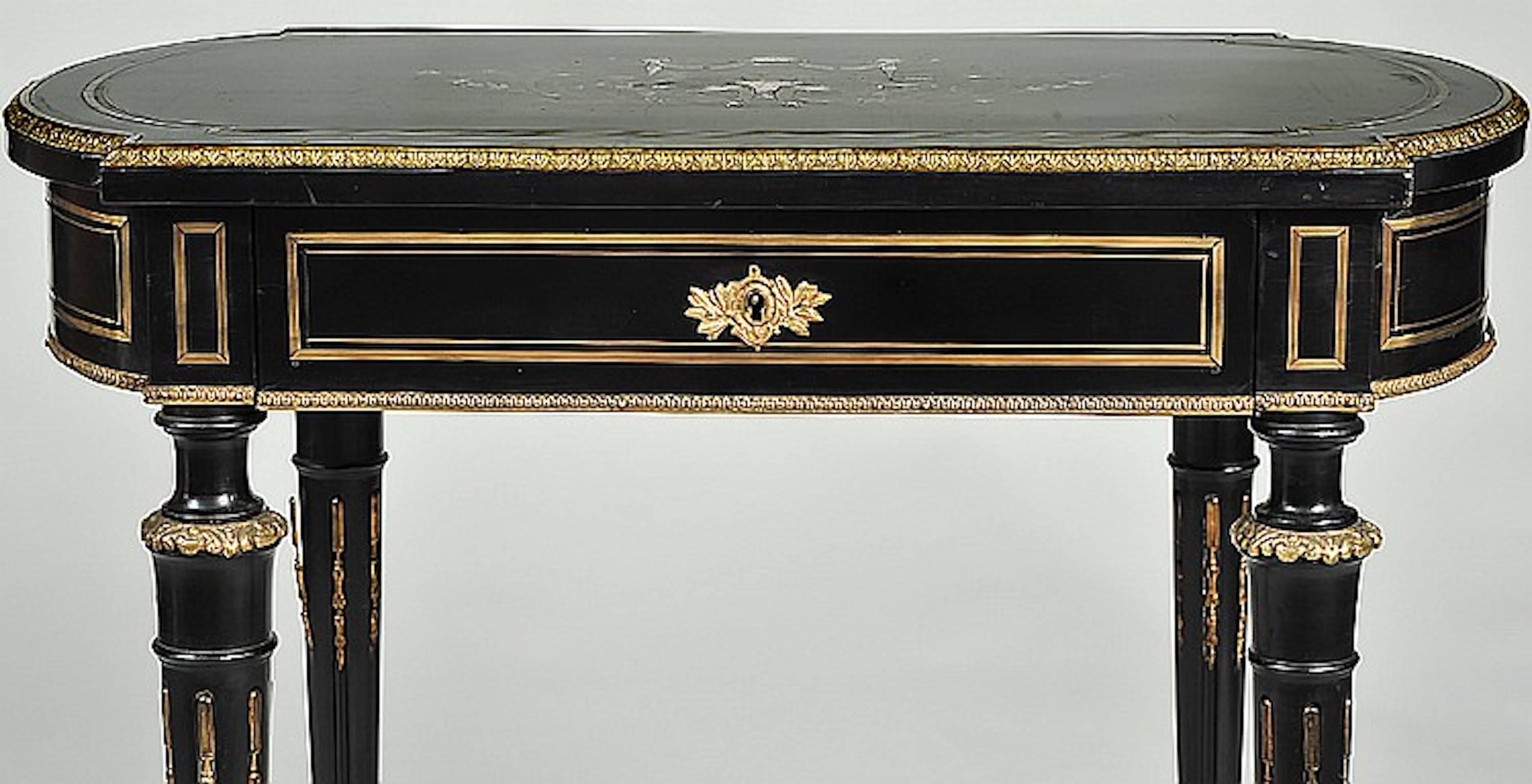 Fine French late 19th century boulle style dressing table. The brass and mother-of-pearl inlaid hinged top opening to a mirror and various compartments, raised on reeded legs joined by shaped stretchers. Measures: Height 29 1/2
