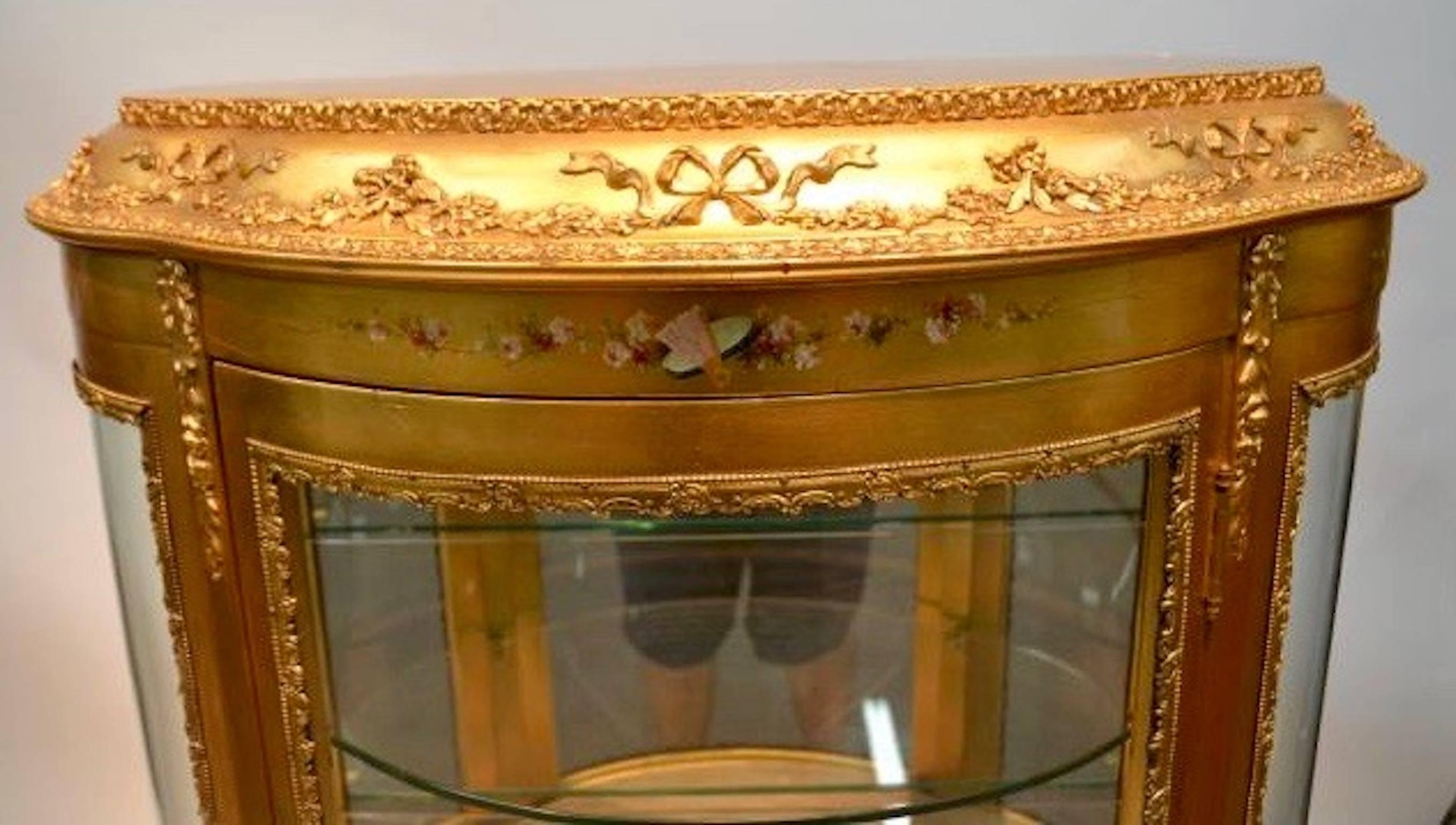 19th Century Large Vernis Martin curved glass Gilt Curio Cabinet