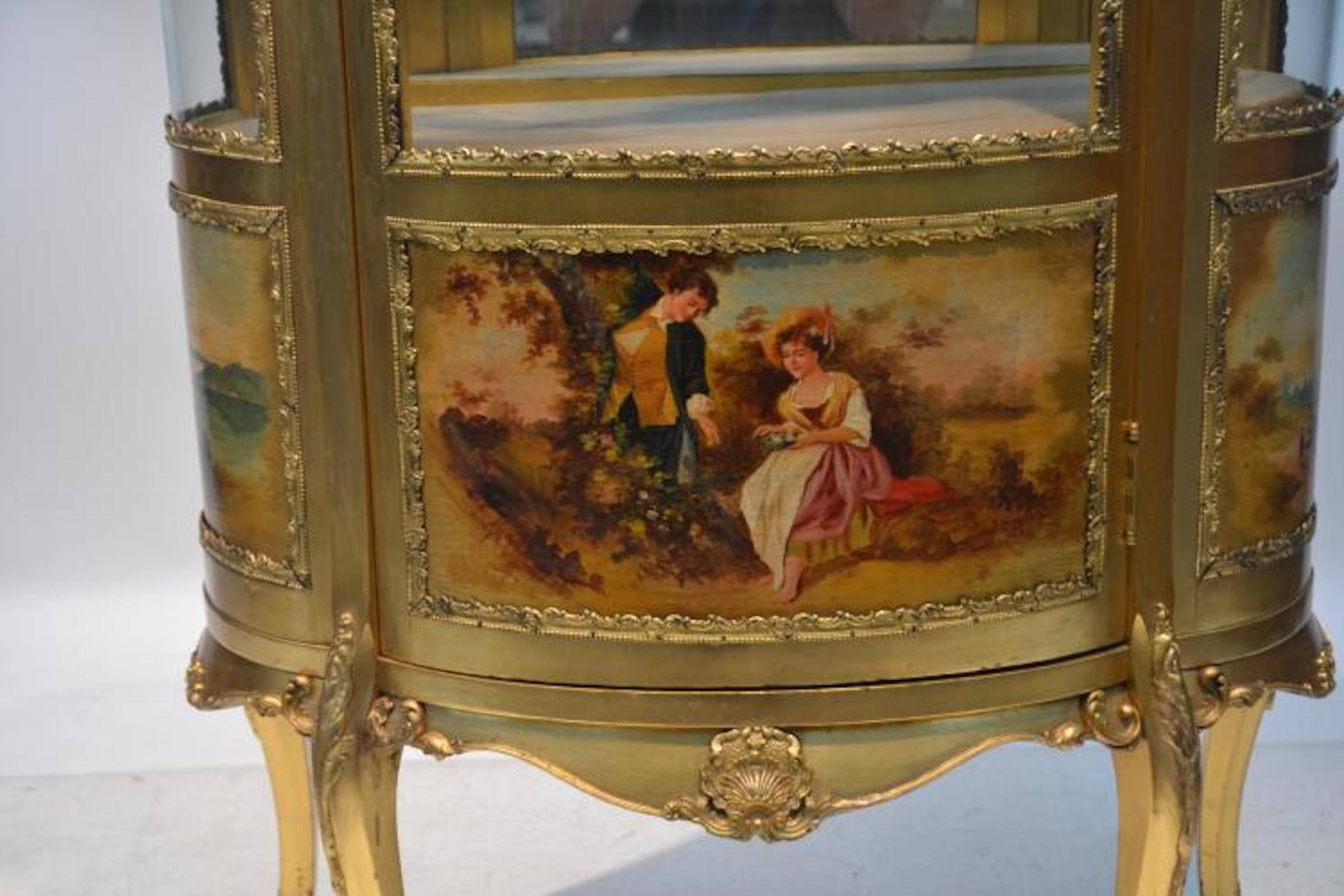 Glass Large Vernis Martin curved glass Gilt Curio Cabinet