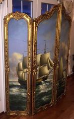 Large Beautiful Gilded French Four Panel Screen Nautical Painting, 19th Century