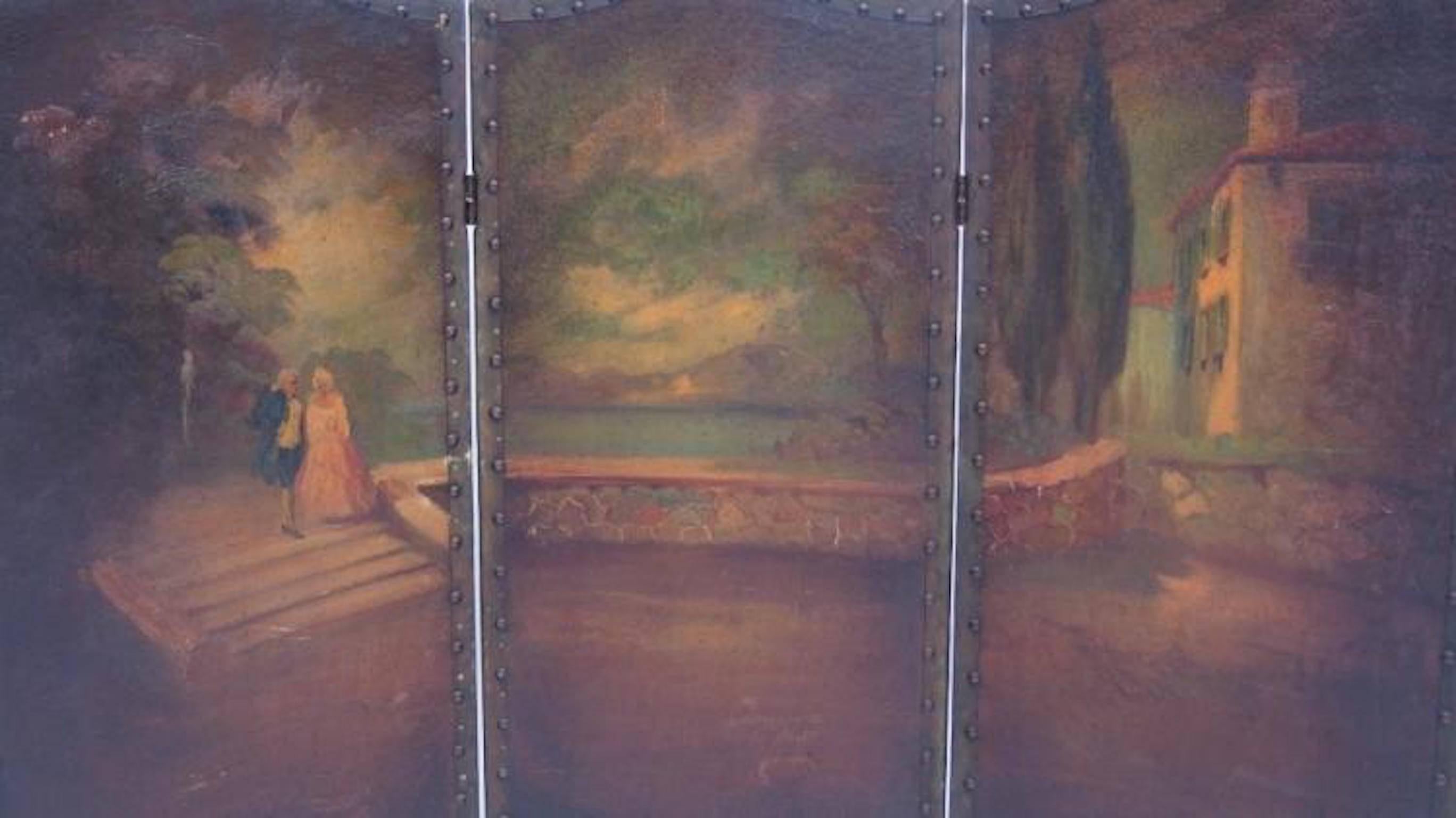 A small French hand-painted three panel screen, France, circa 1900. The screen depicts a landscape scene of a large stone walkway overlooking a lake with a French town seen to the right. Various trees surround the lake with a finely dressed French