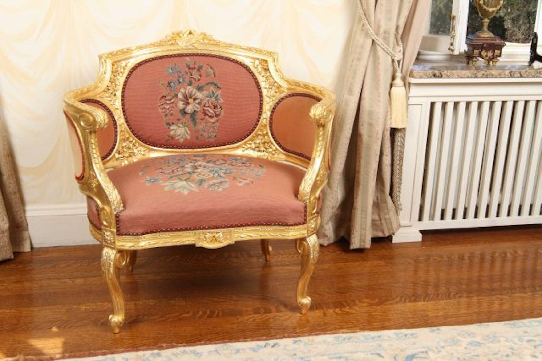 Rococo Early 20th Century Carved and Gilt Bergere Armchair For Sale