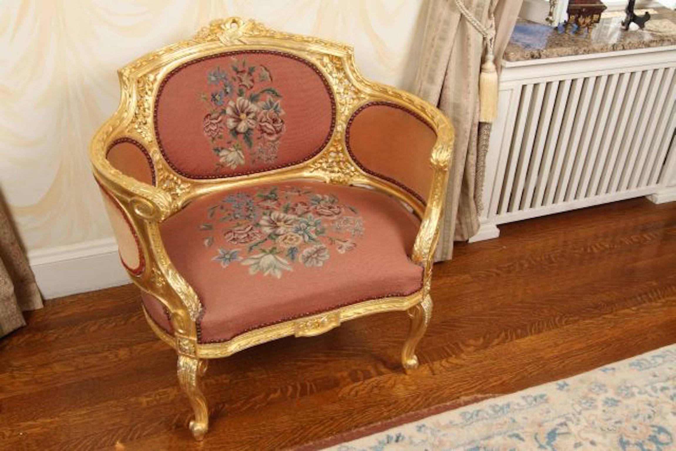 French Early 20th Century Carved and Gilt Bergere Armchair For Sale