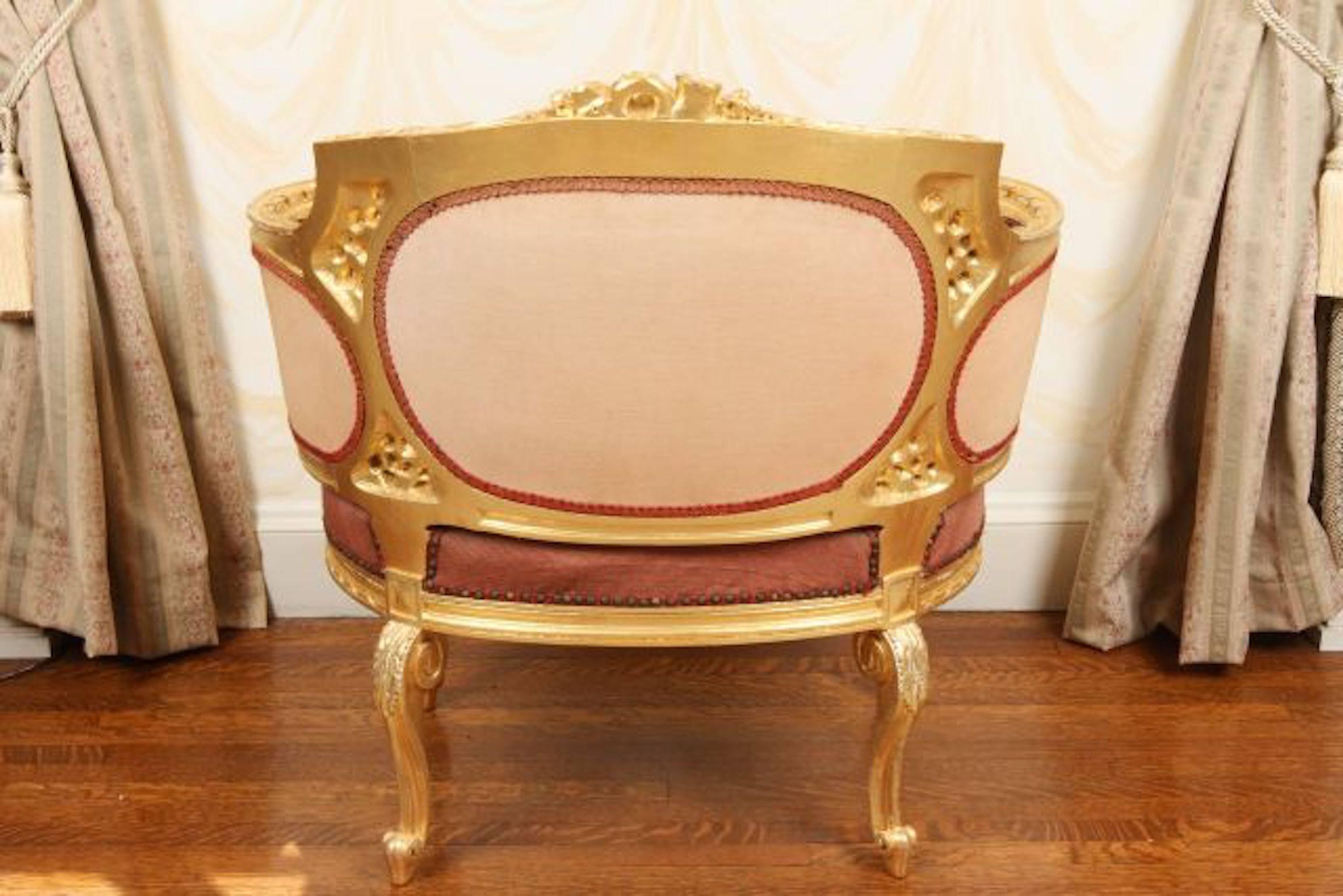 22k Gold Early 20th Century Carved and Gilt Bergere Armchair For Sale