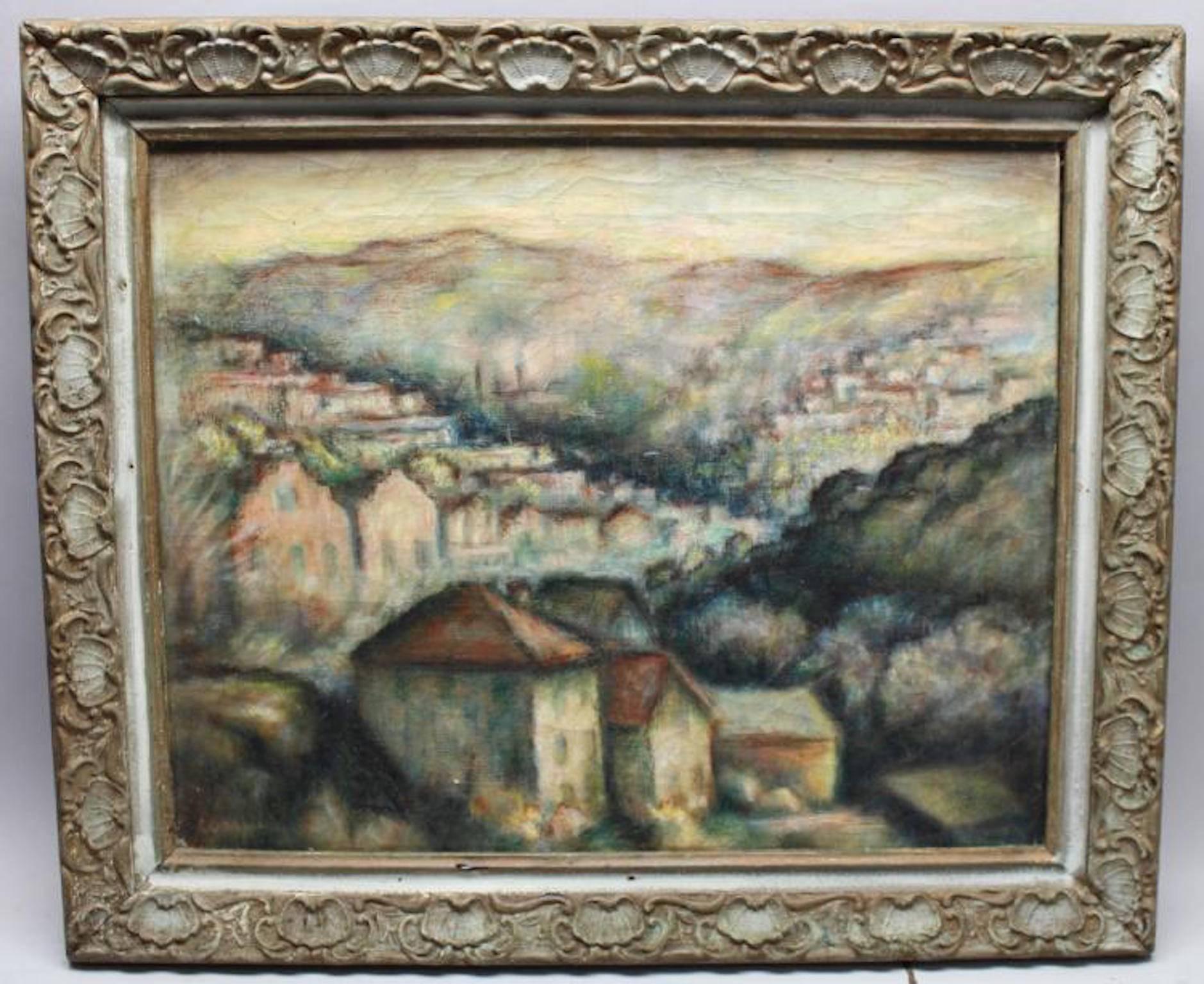 Signed early 20th century. French painting oil on canvas. Signed lower left. Depicting a landscape with a town near the horizon. Sight Size: 15.75 x 19.75 in.