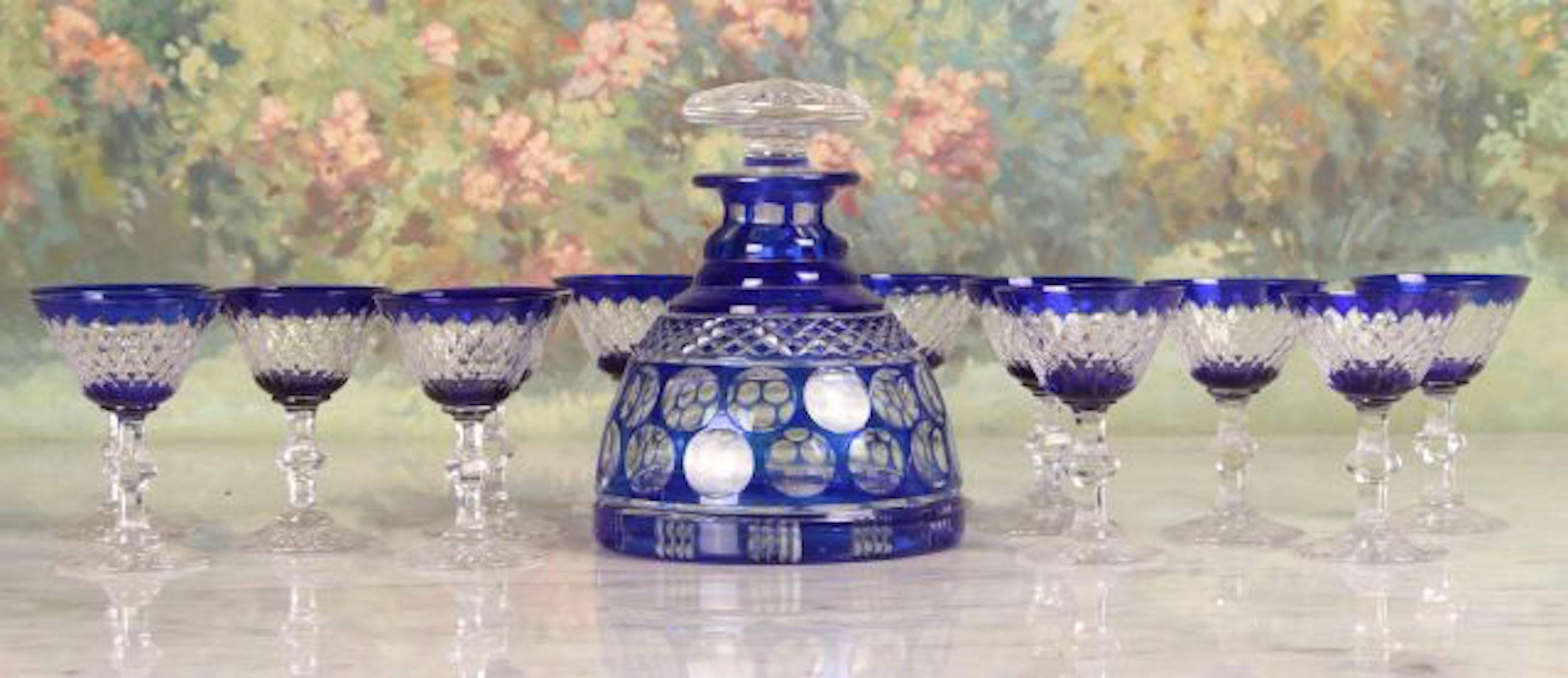 French Cut to Clear Cobalt Decanter and Goblet Set