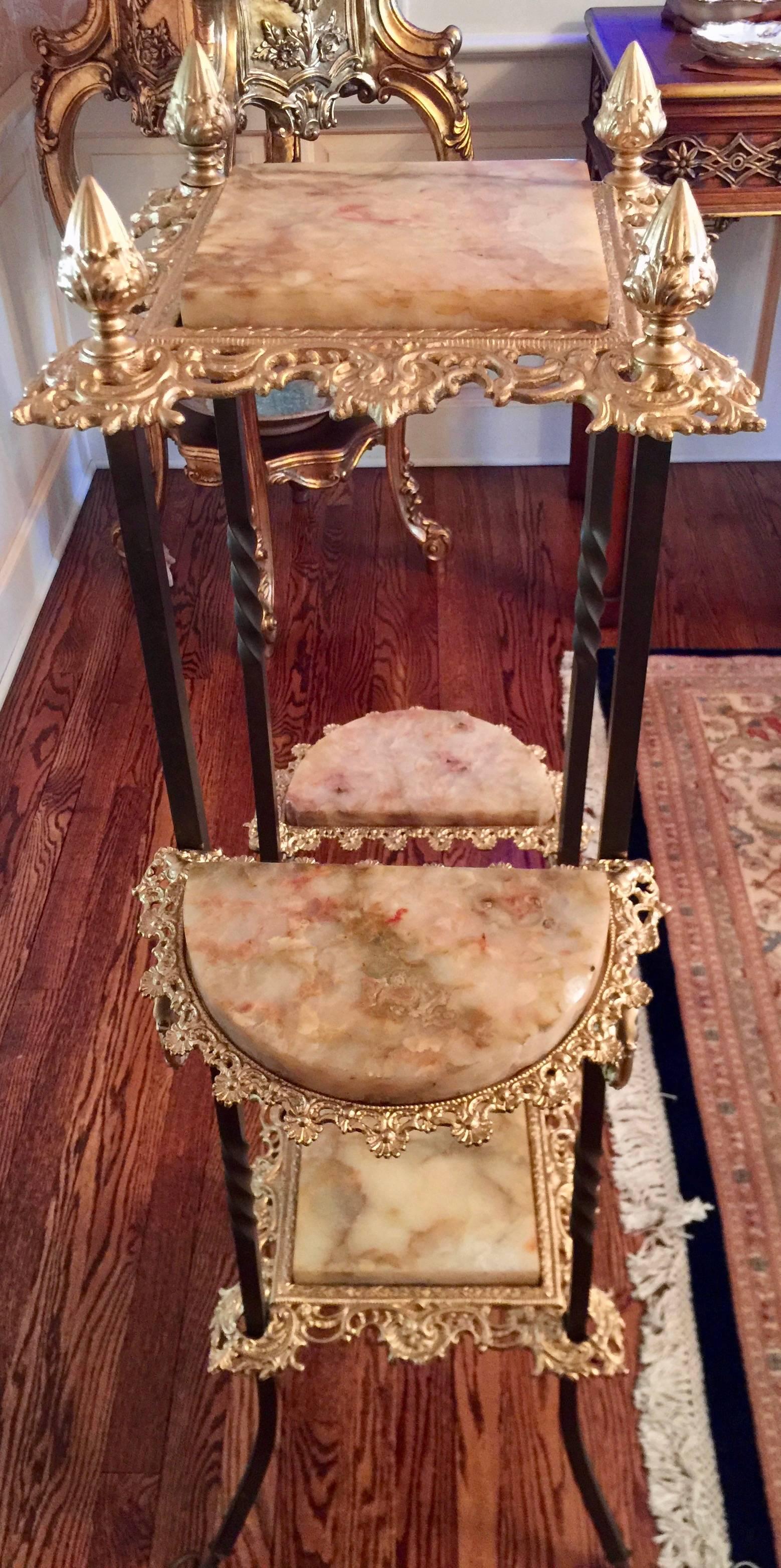 American Early 20th Century Victorian Four-Tier Plant Stand Brass Gilt and Onyx