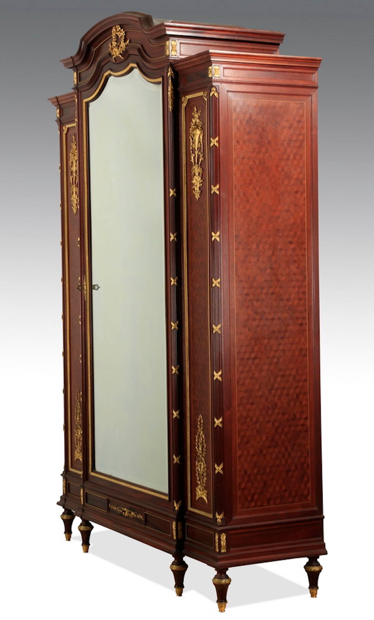 French 19th Century Parquetry Inlaid Bronze-Mounted Armoire For Sale