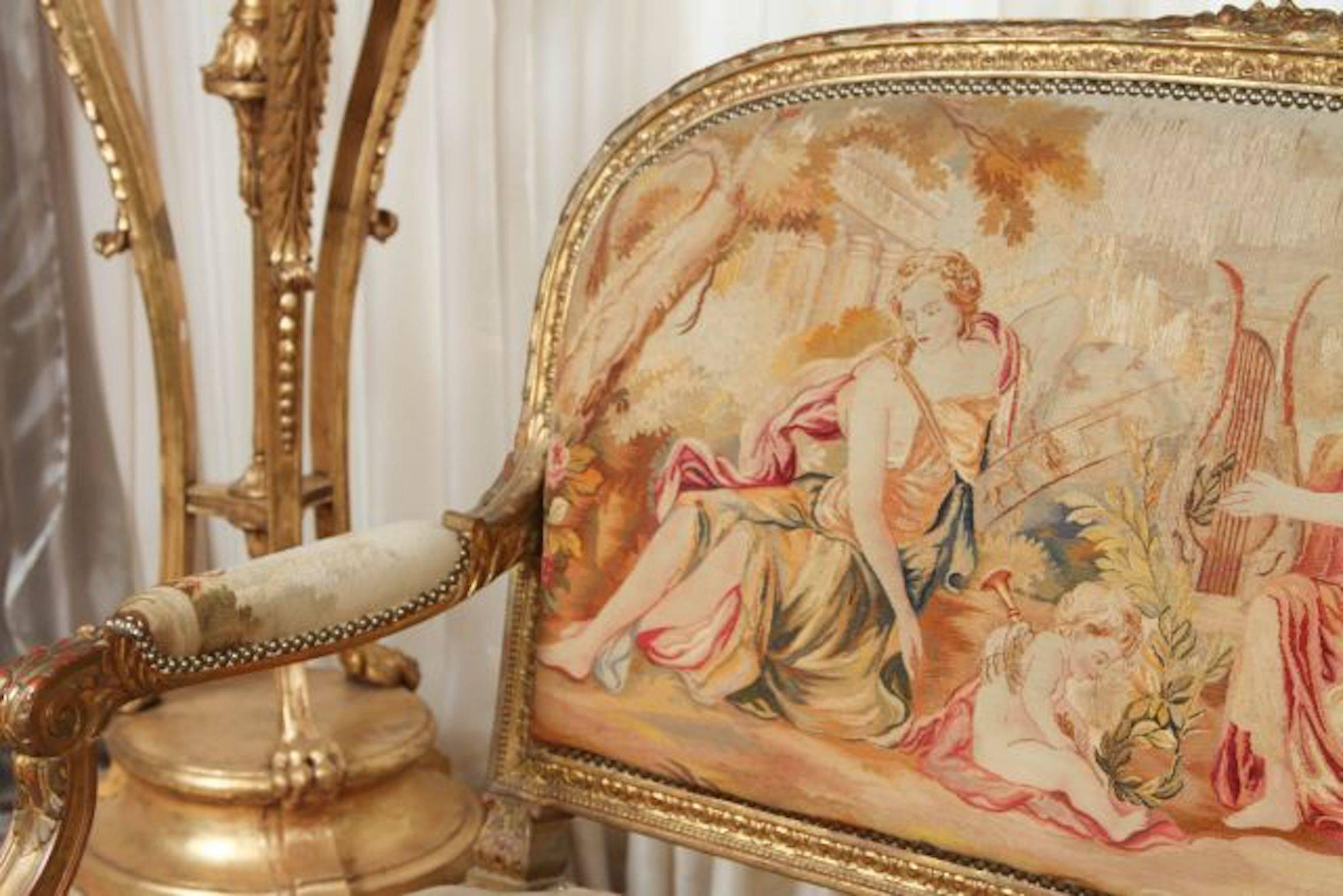 Tapestry 19th Century Louis XVI Style Giltwood Canapé Settee For Sale