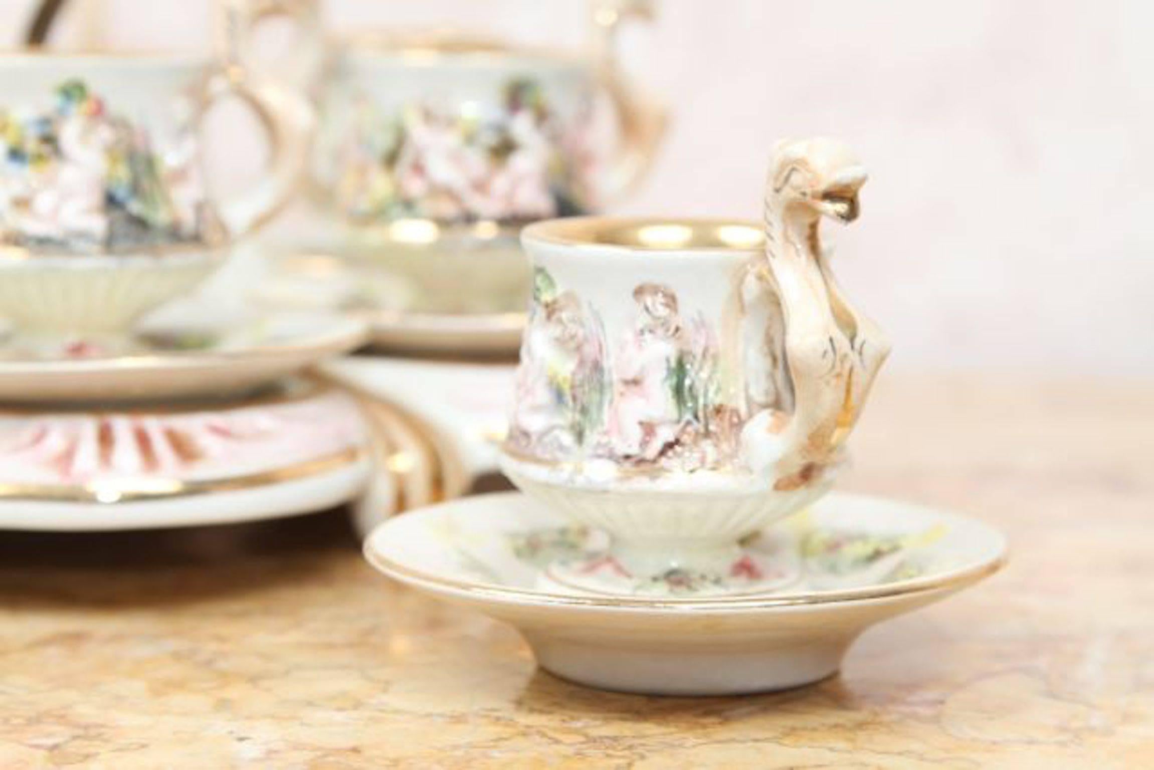 Italian Mid-20th Century Capodimonte Porcelain Demitasse Tea Service for Ten For Sale