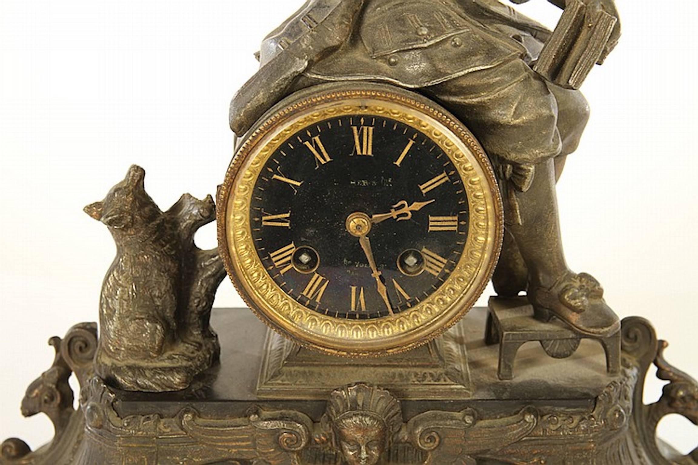 Late 19th Century French Mantle Clock with Seated Man Signed Paris In Good Condition In Washington Crossing, PA