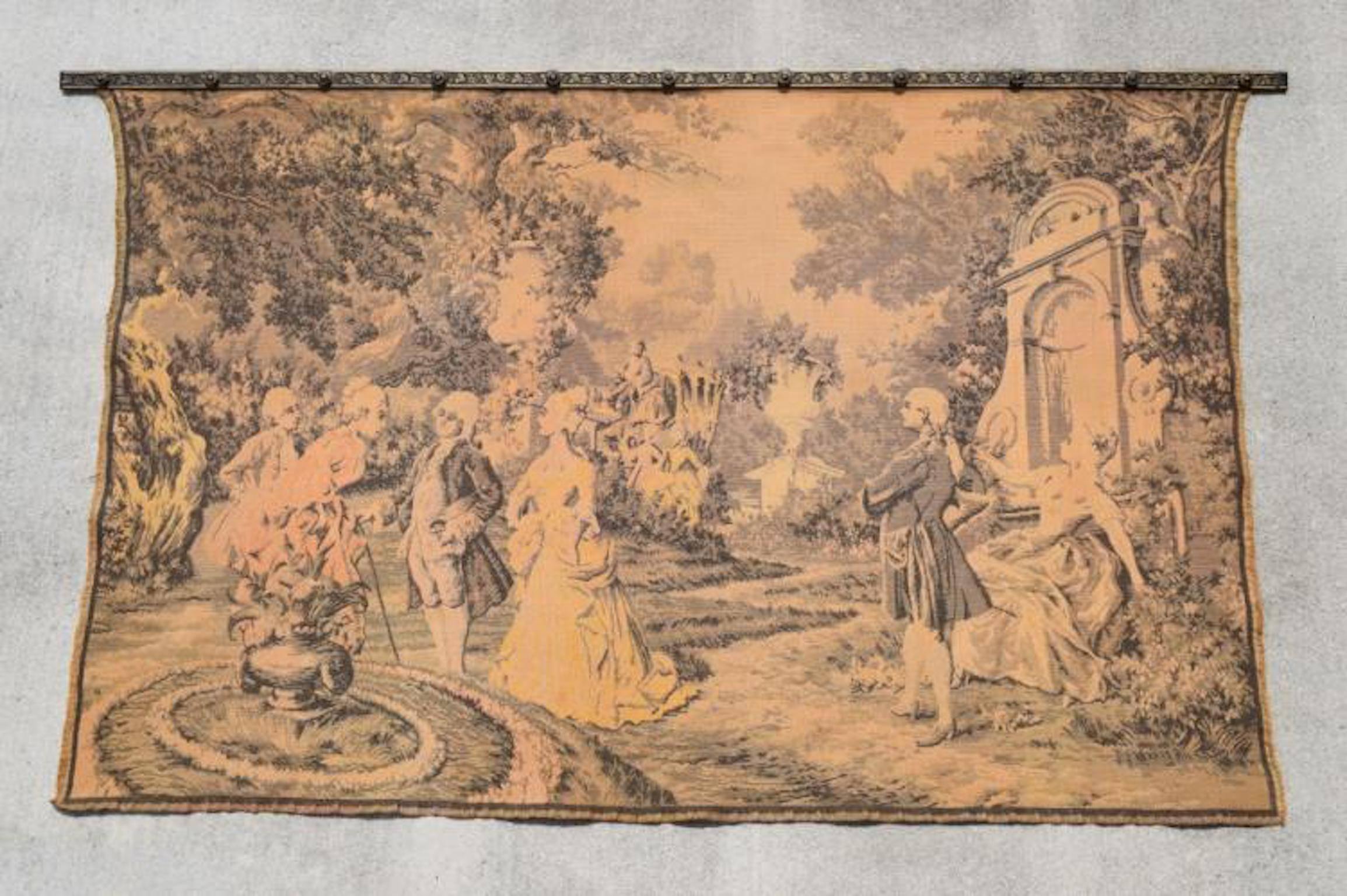 19th century French Rococo Revival tapestry textile
Scene of people in a garden.