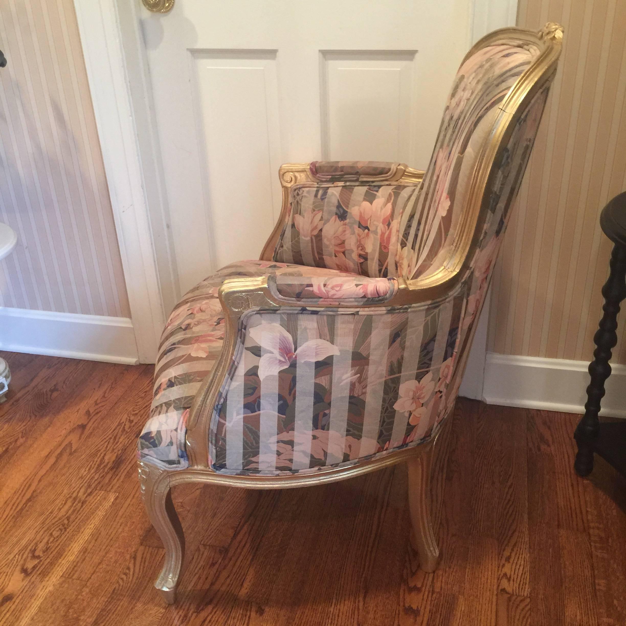 Giltwood Pair of French Painted Upholstered Armchairs For Sale