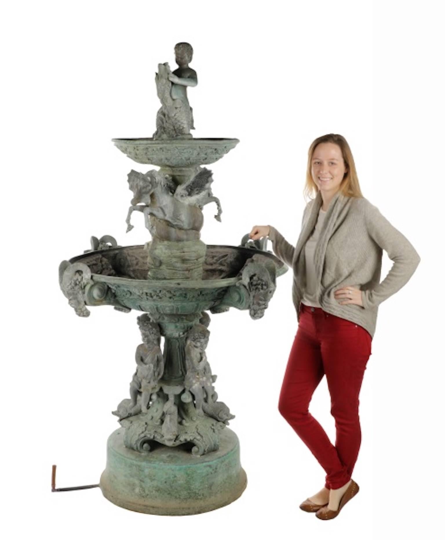 Rococo Italian Verdigris Bronze Tiered Garden Fountain