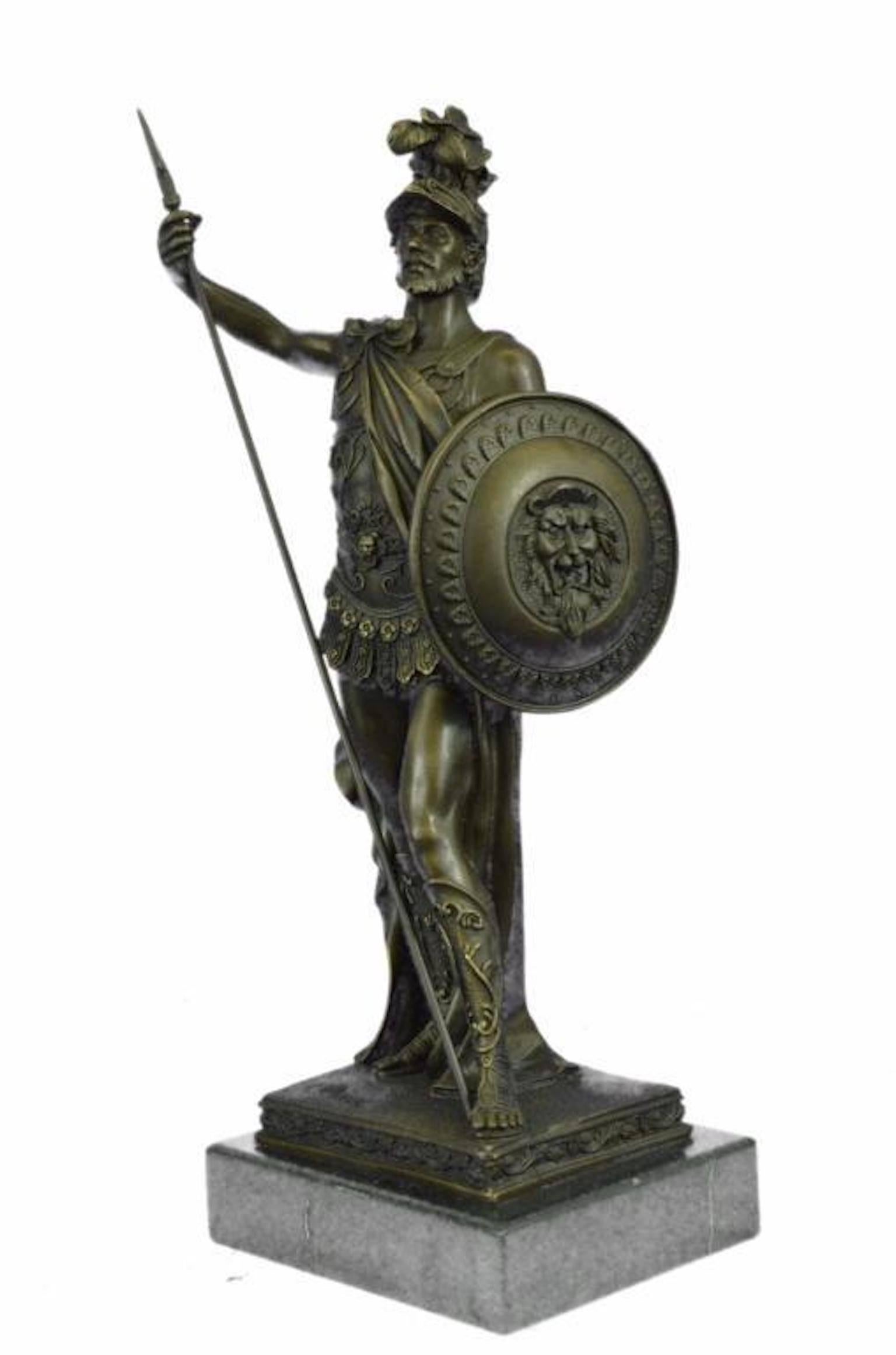 After the model by Edouard Drouot ( French, 1859-1945 ) Roman Legion soldier sculpture statue. Lost wax casting method bronze, with brown patina, mounted on marble base. Measures: 14