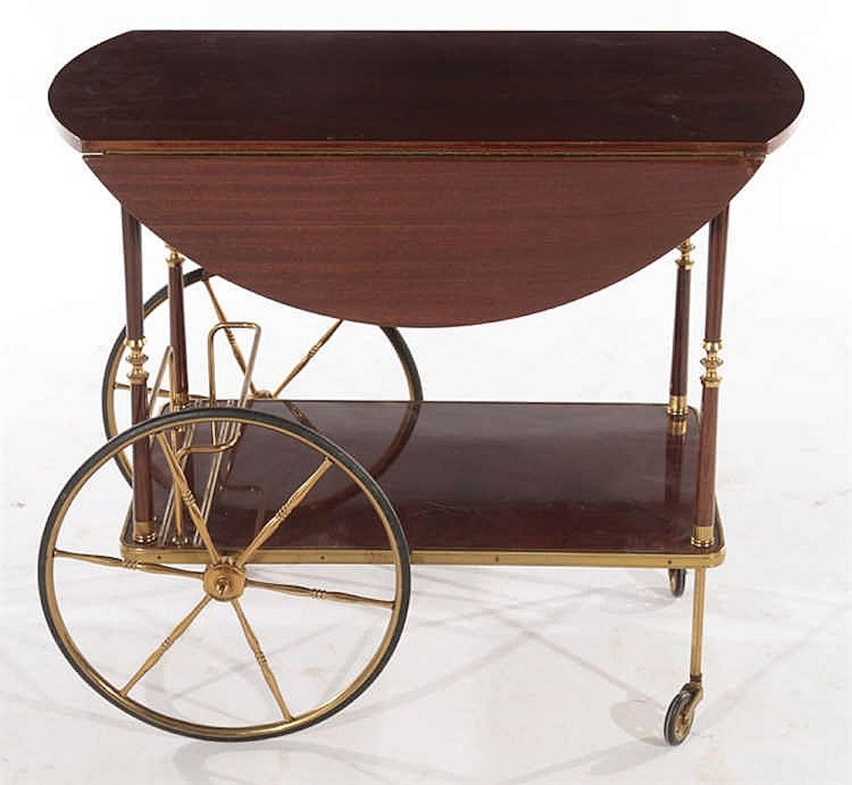 Mahogany and brass French service trolley with drop leaves, circa 1950.